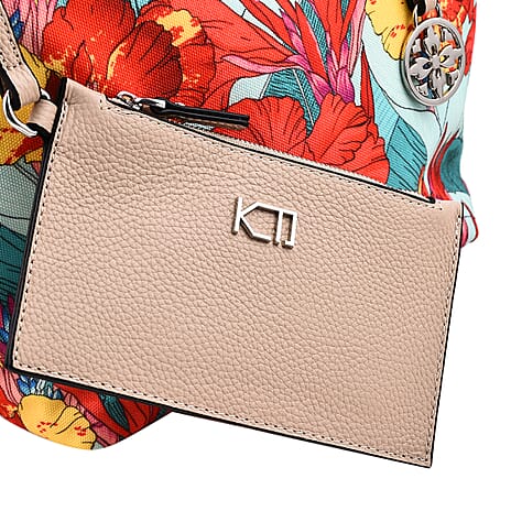 KTD by Kenzo Takada Leather and Cotton Canvas Floral Printed Tote Bag with Wristlet - Red and Blue