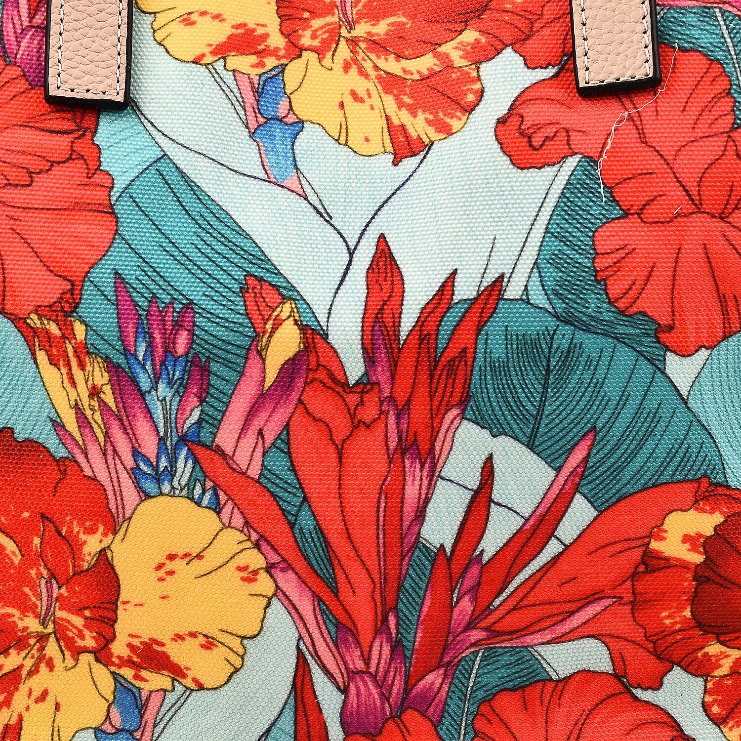 KTD by Kenzo Takada Leather and Cotton Canvas Floral Printed Tote Bag with Wristlet - Red and Blue