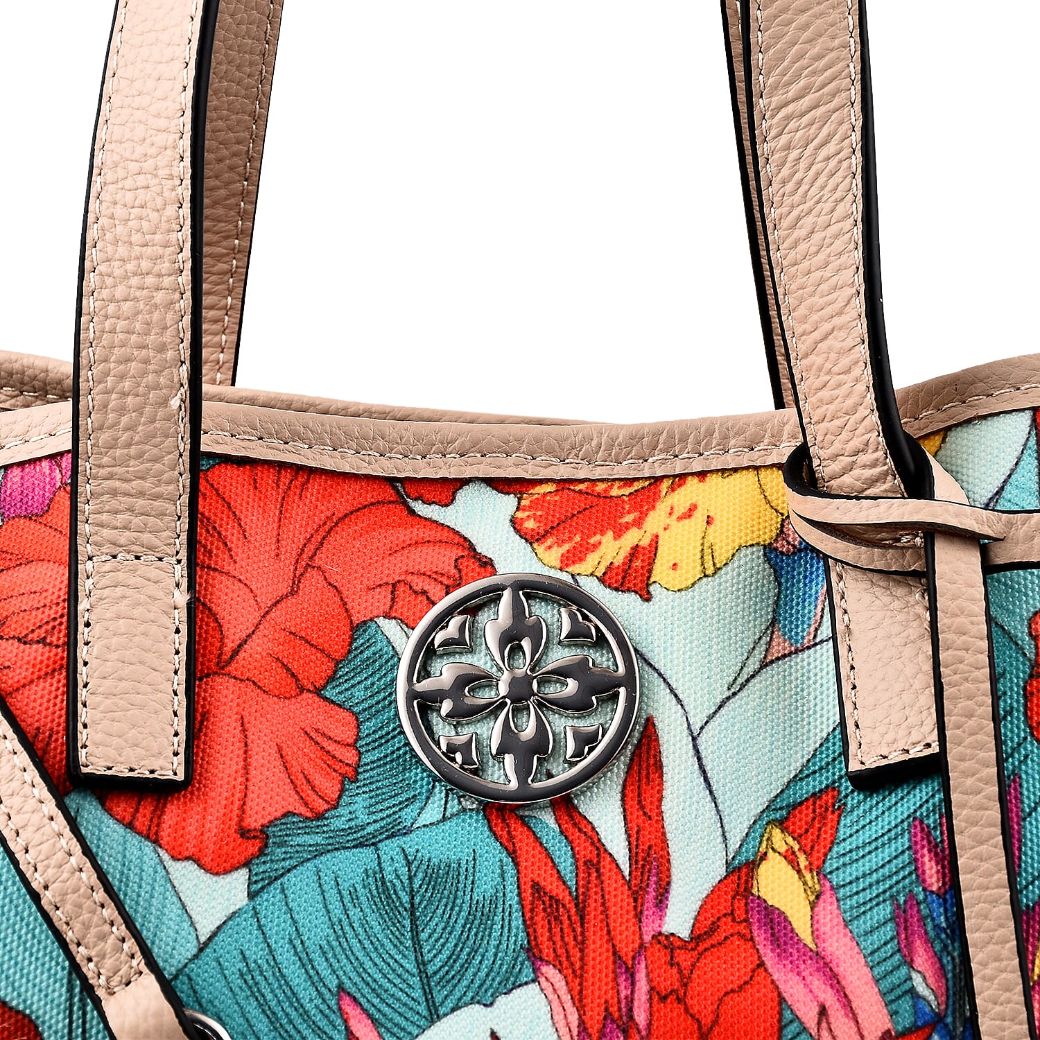 KTD by Kenzo Takada Leather and Cotton Canvas Floral Printed Tote Bag with Wristlet - Red and Blue