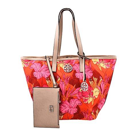 KTD by Kenzo Takada Leather and Cotton Canvas Floral Printed Tote Bag with Wristlet - Red, Pink and Yellow