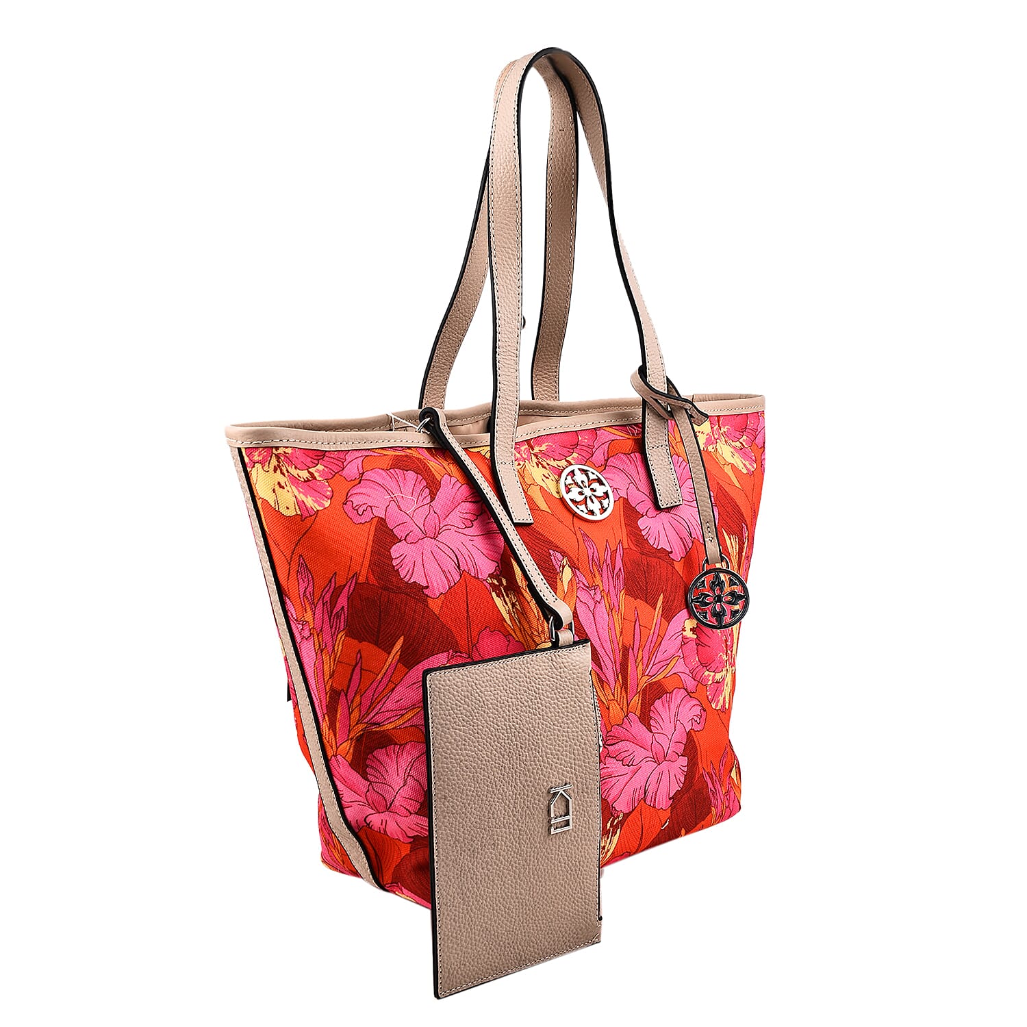 KTD by Kenzo Takada Leather and Cotton Canvas Floral Printed Tote Bag with Wristlet - Red, Pink and Yellow