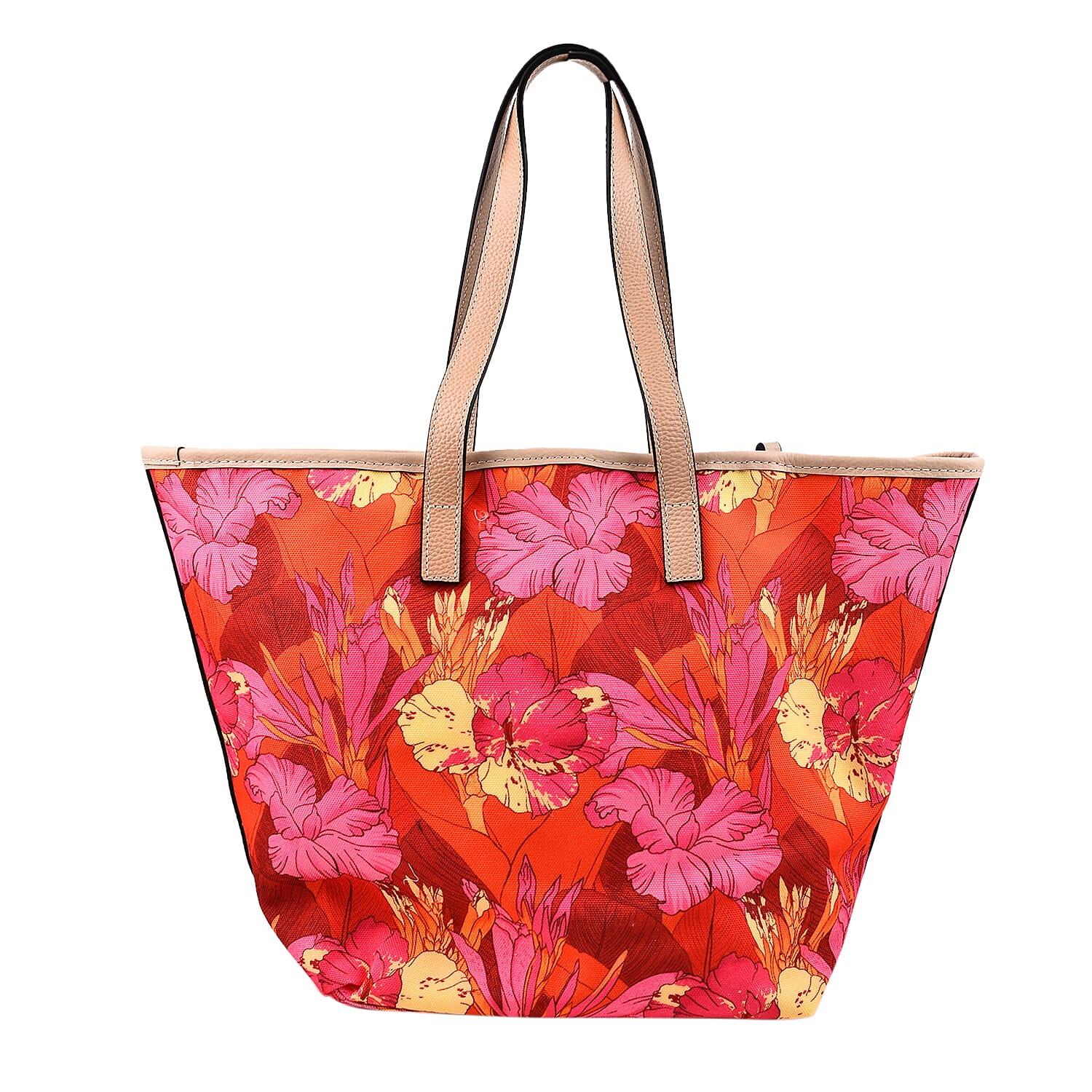 KTD by Kenzo Takada Leather and Cotton Canvas Floral Printed Tote Bag with Wristlet - Red, Pink and Yellow