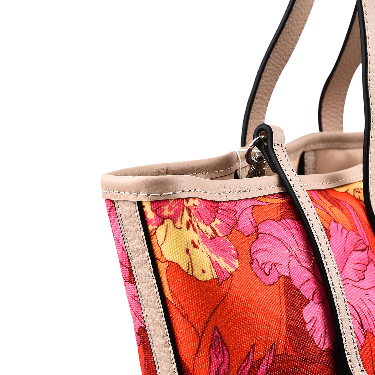 KTD by Kenzo Takada Leather and Cotton Canvas Floral Printed Tote Bag with Wristlet - Red, Pink and Yellow
