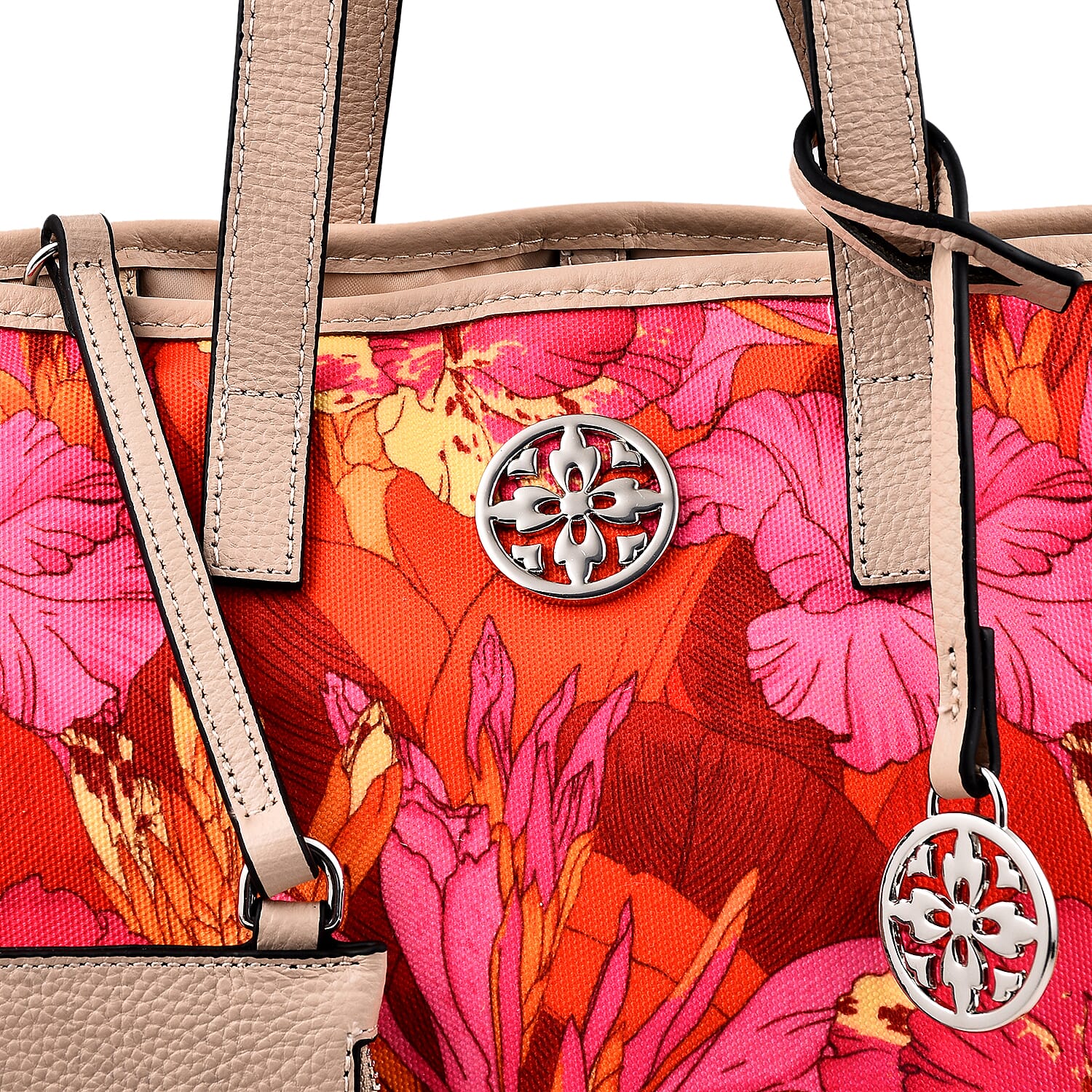 KTD by Kenzo Takada Leather and Cotton Canvas Floral Printed Tote Bag with Wristlet - Red, Pink and Yellow