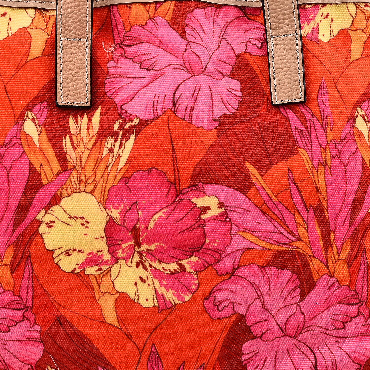 KTD by Kenzo Takada Leather and Cotton Canvas Floral Printed Tote Bag with Wristlet - Red, Pink and Yellow