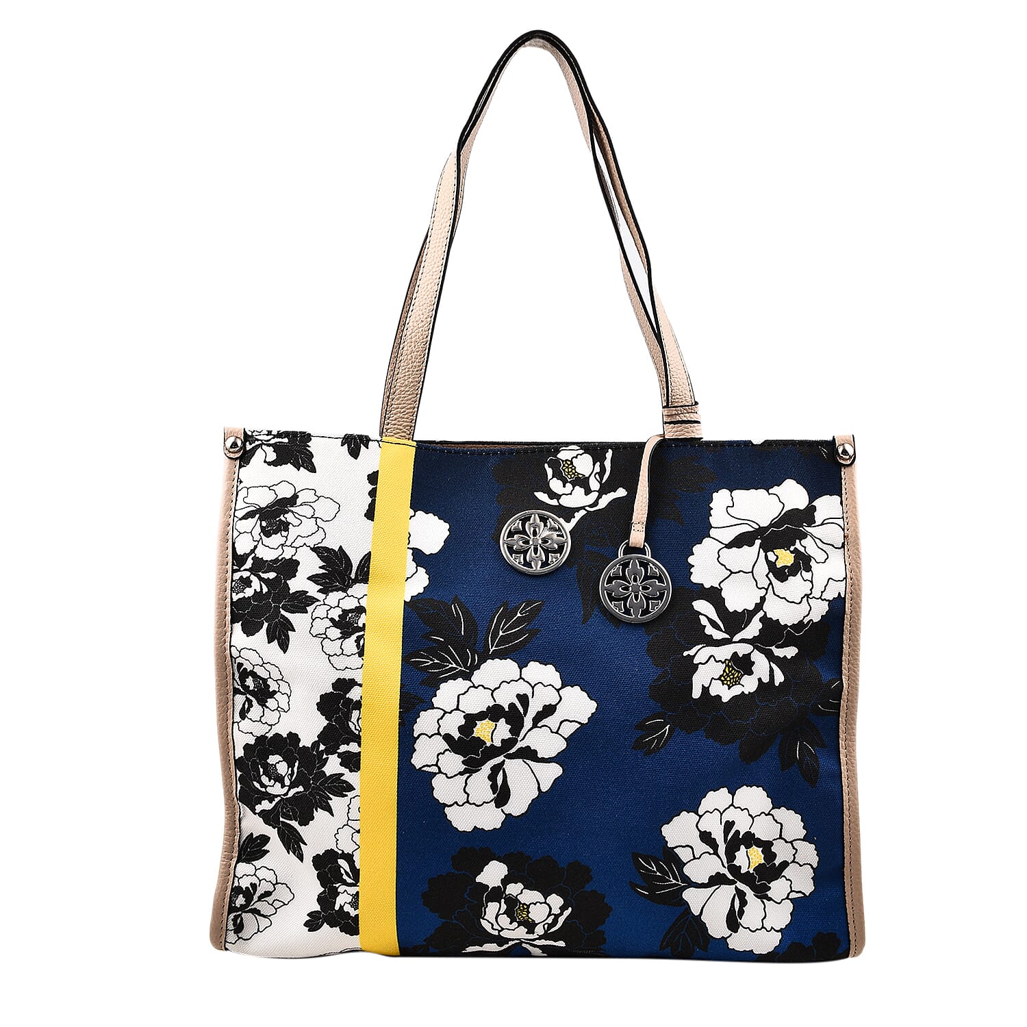 KTD by Kenzo Takada Leather and Cotton Canvas Floral Printed Tote Bag - Blue & White