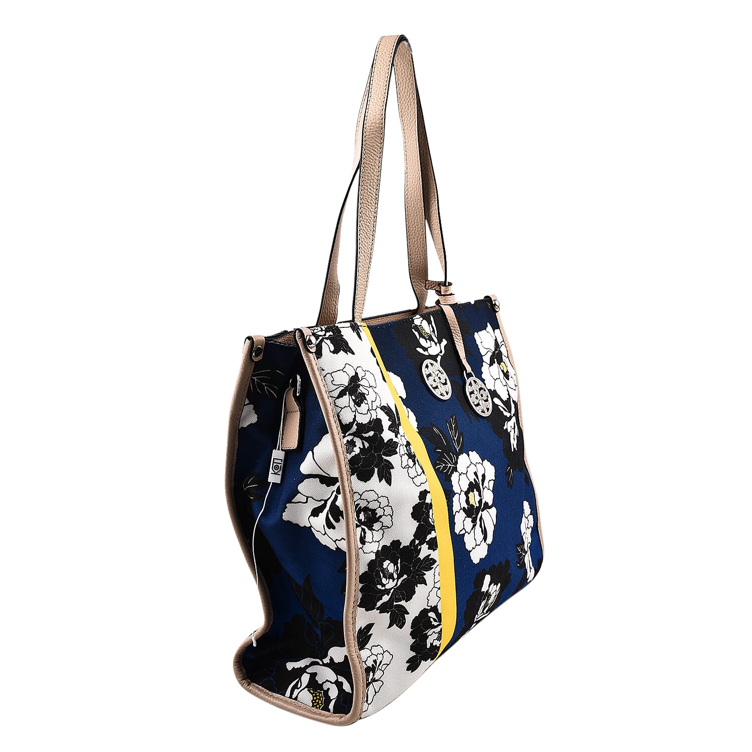 KTD by Kenzo Takada Leather and Cotton Canvas Floral Printed Tote Bag - Blue & White