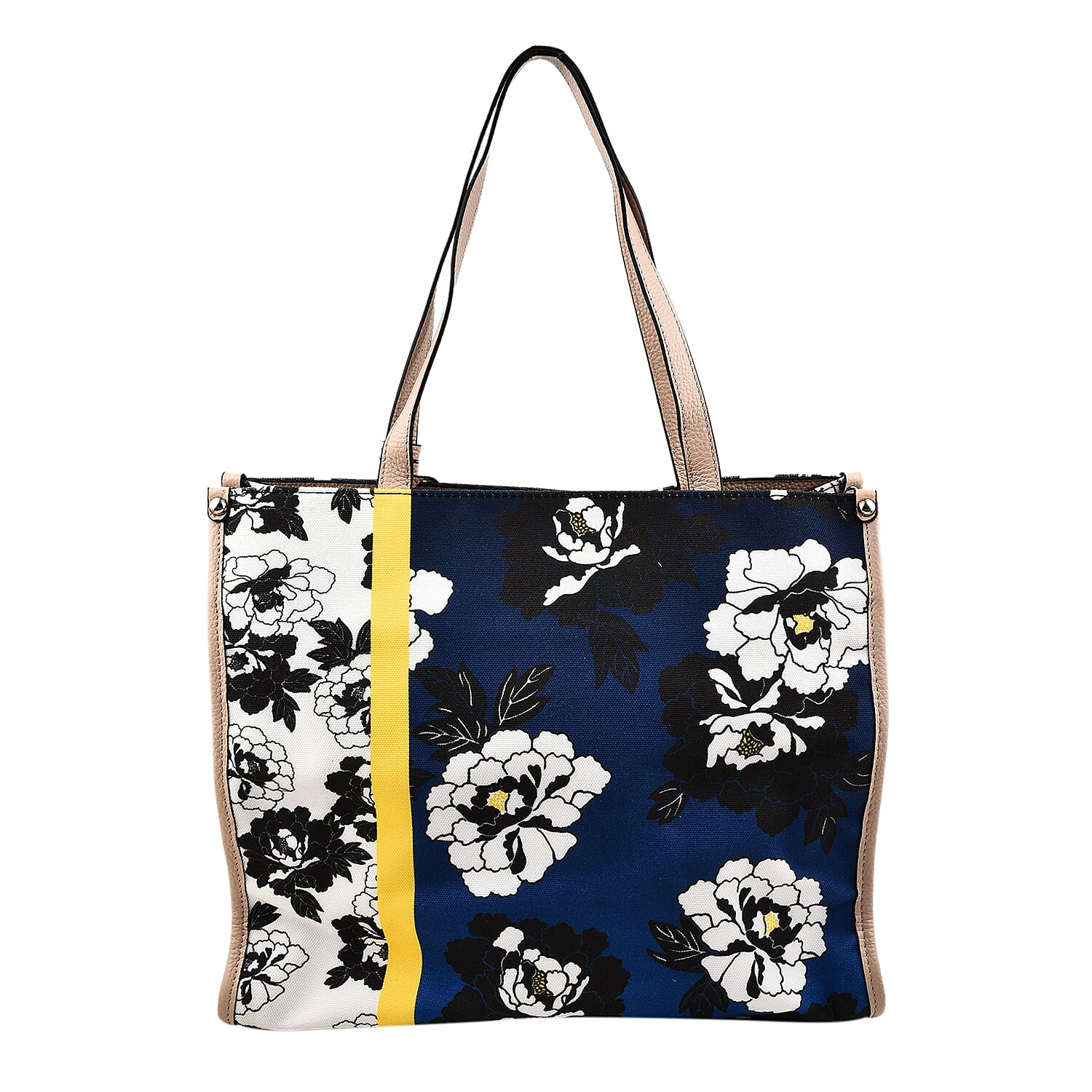 KTD by Kenzo Takada Leather and Cotton Canvas Floral Printed Tote Bag - Blue & White