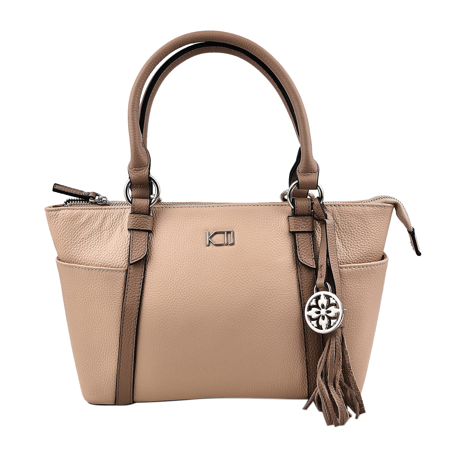 KTD by Kenzo Takada Leather Classic Tote Bag with a Tassel Charm - Beige