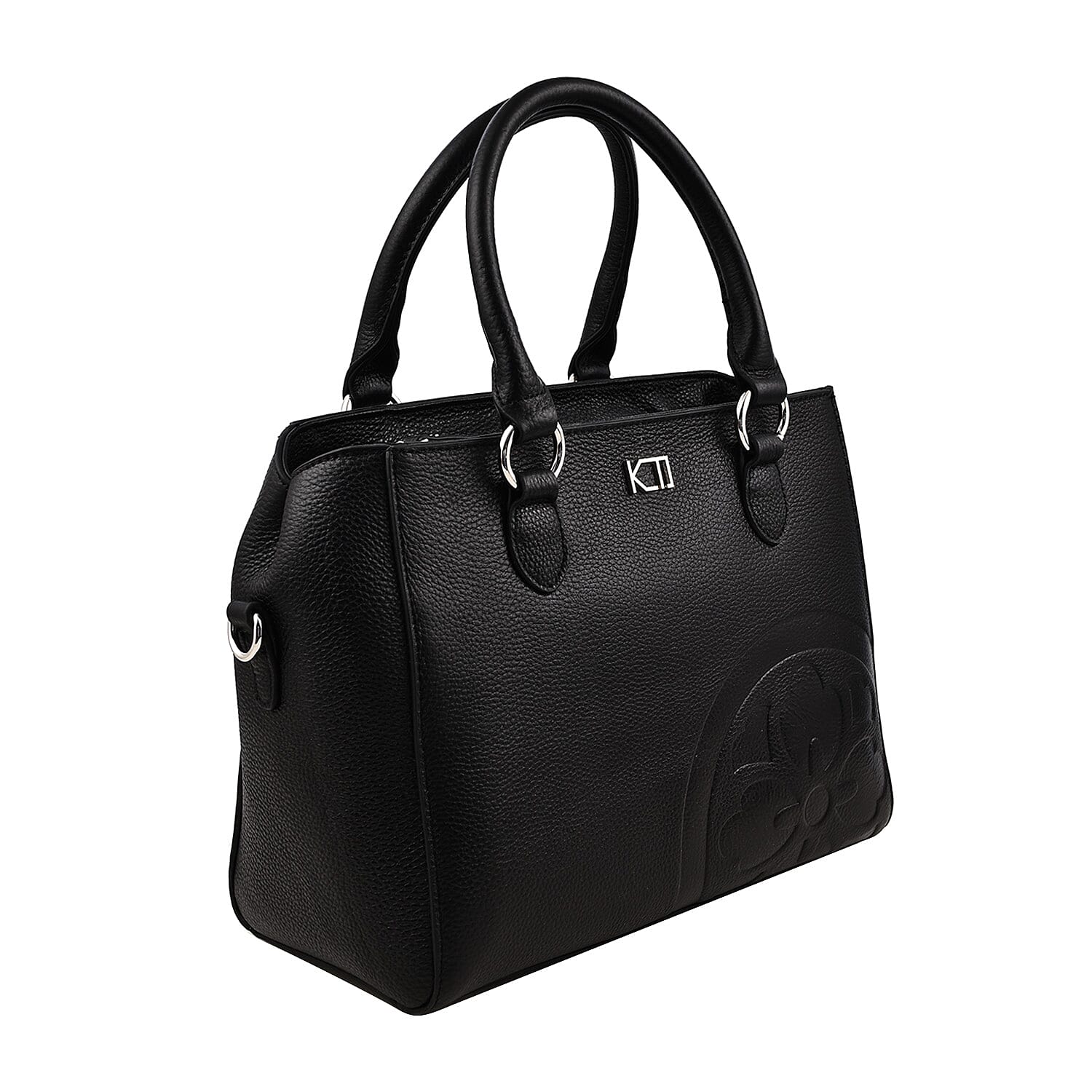 KTD by Kenzo Takada Leather Classic Top Handle Tote Bag with Crossbody Strap - Black