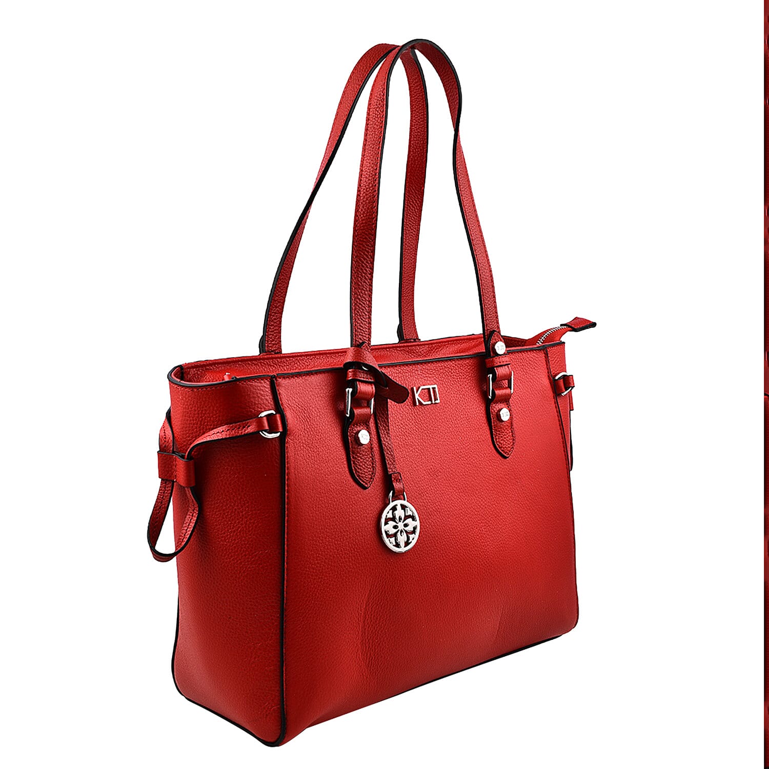 KTD by Kenzo Takada Leather Drawstring Tote Bag with Charm - Red
