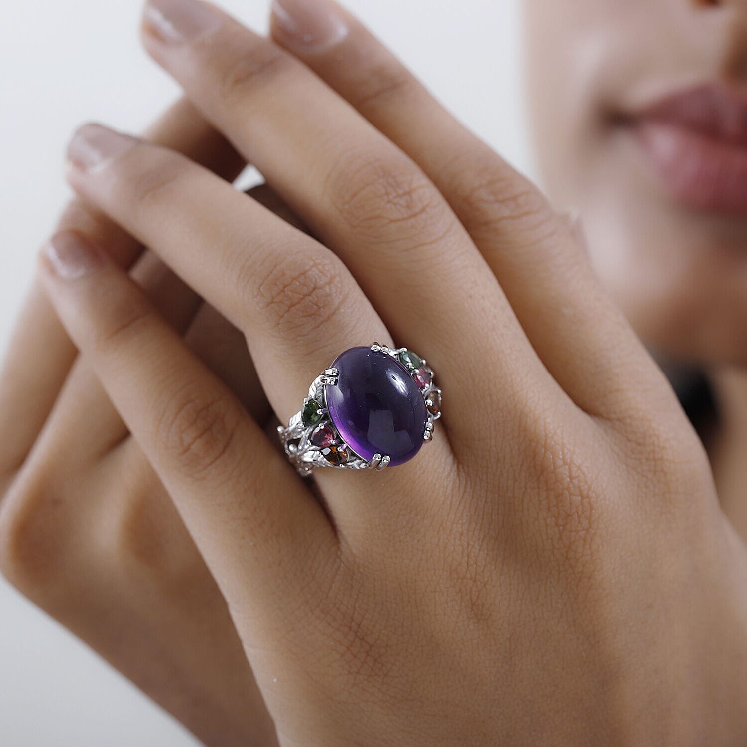 Amethyst and Multi-Tourmaline Ring in Platinum Overlay Sterling Silver 13.32 Ct, Silver Wt. 5.28 Gms.