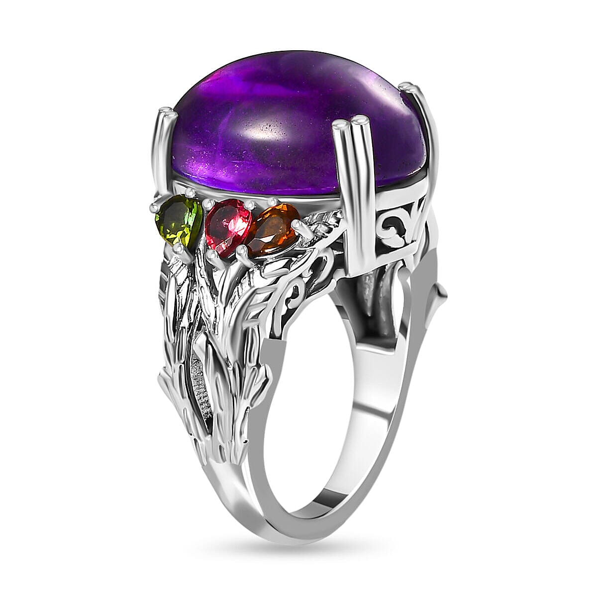 Amethyst and Multi-Tourmaline Ring in Platinum Overlay Sterling Silver 13.32 Ct, Silver Wt. 5.28 Gms.