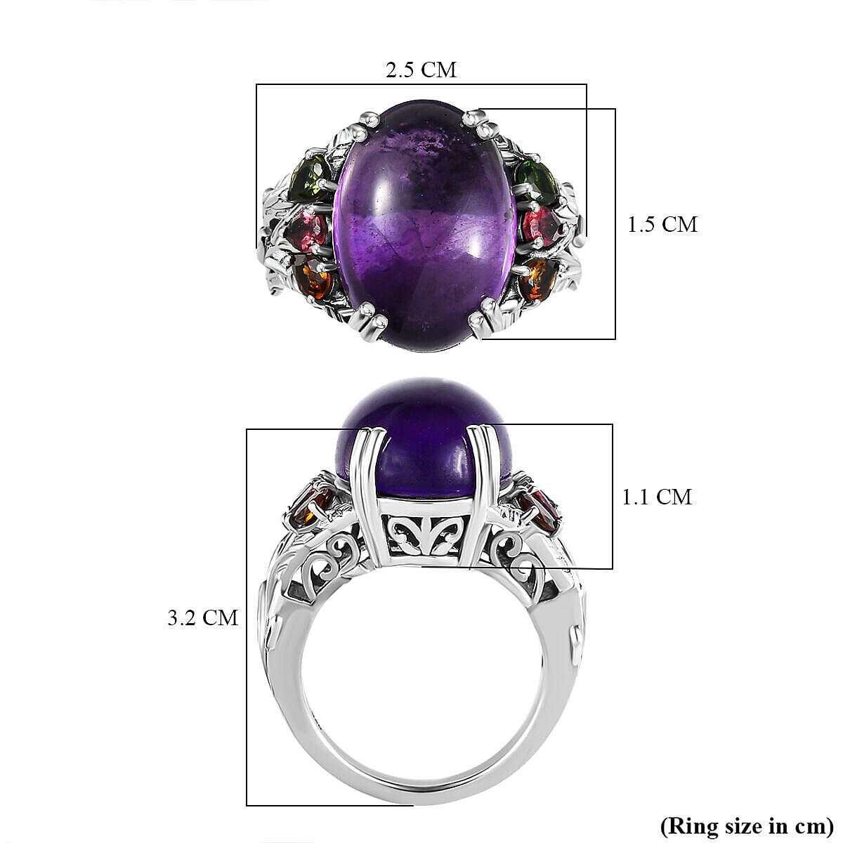 Amethyst and Multi-Tourmaline Ring in Platinum Overlay Sterling Silver 13.32 Ct, Silver Wt. 5.28 Gms.