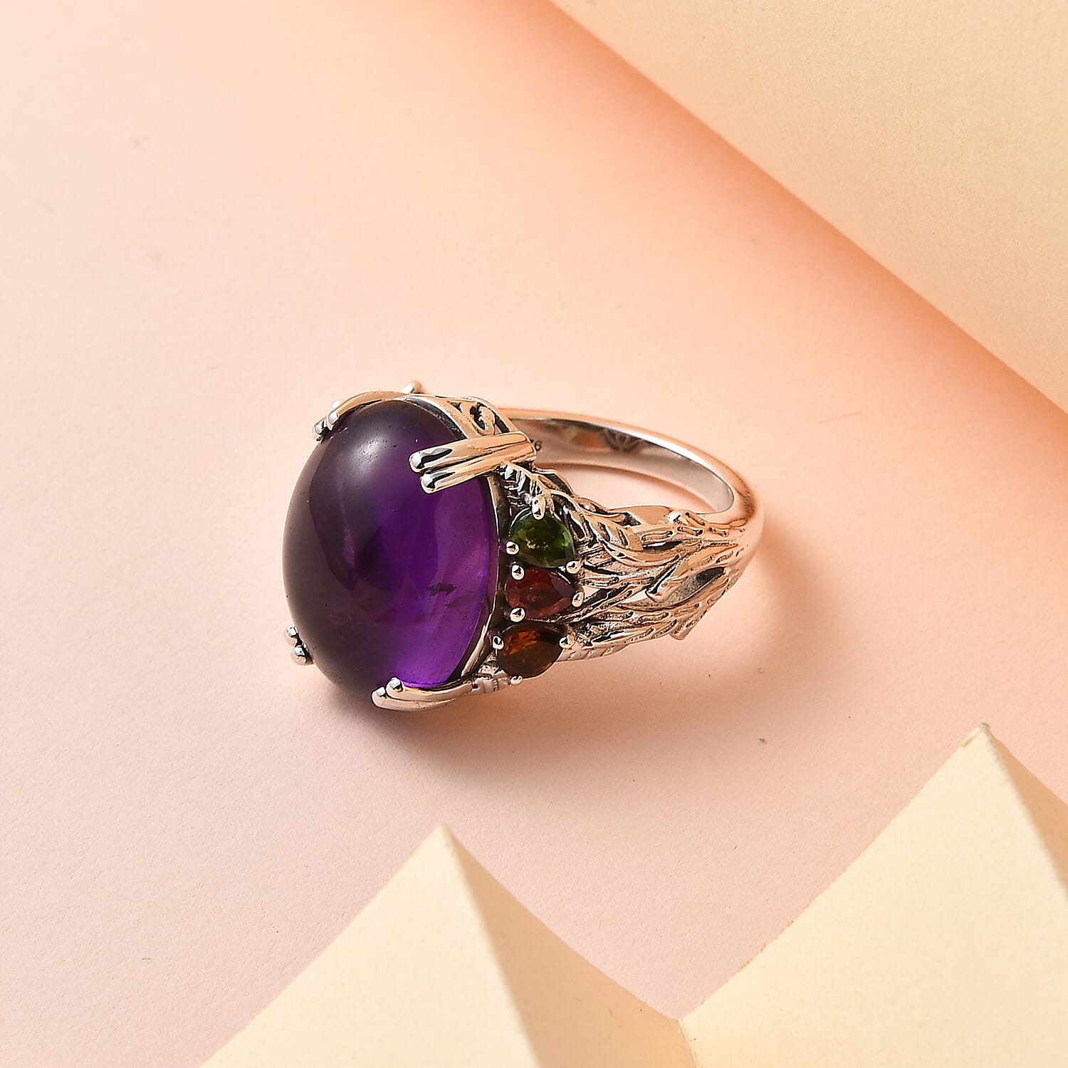 Amethyst and Multi-Tourmaline Ring in Platinum Overlay Sterling Silver 13.32 Ct, Silver Wt. 5.28 Gms.