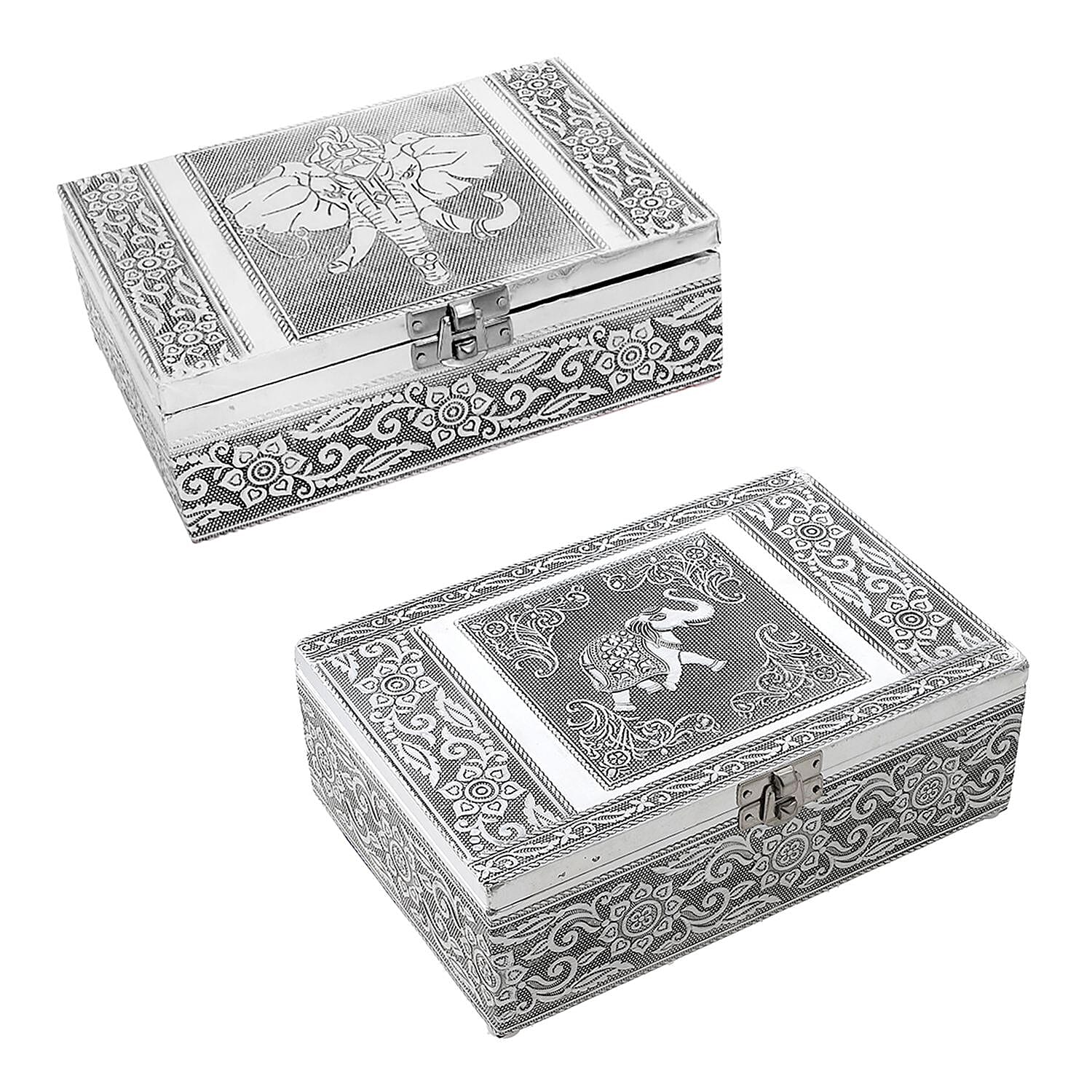 Set of 2 - Elephant Embossed Handcrafted Aluminium Jewellery Box (Size 20x13x7 cm & 16x10x5 Cm) - Silver & Red