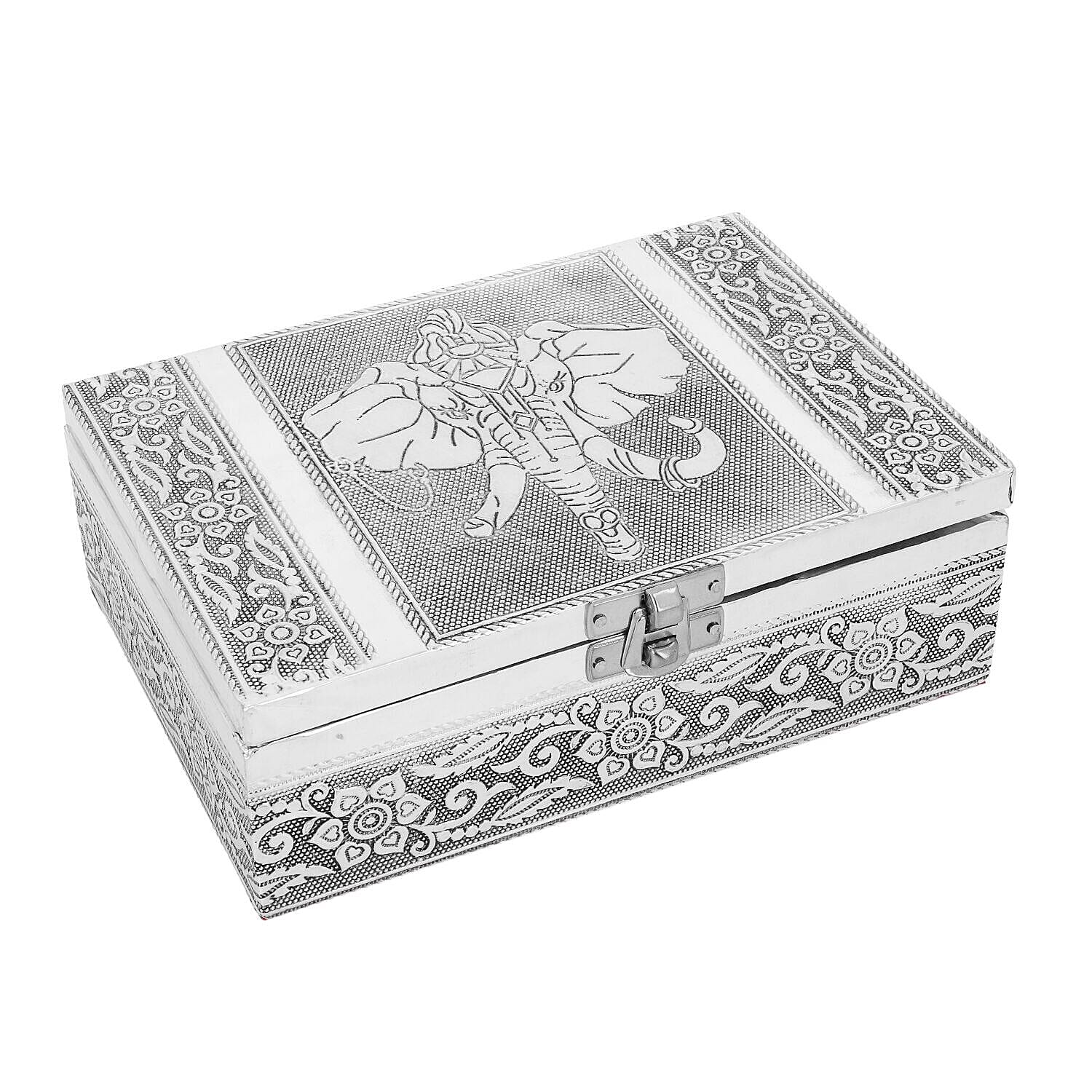 Set of 2 - Elephant Embossed Handcrafted Aluminium Jewellery Box (Size 20x13x7 cm & 16x10x5 Cm) - Silver & Red