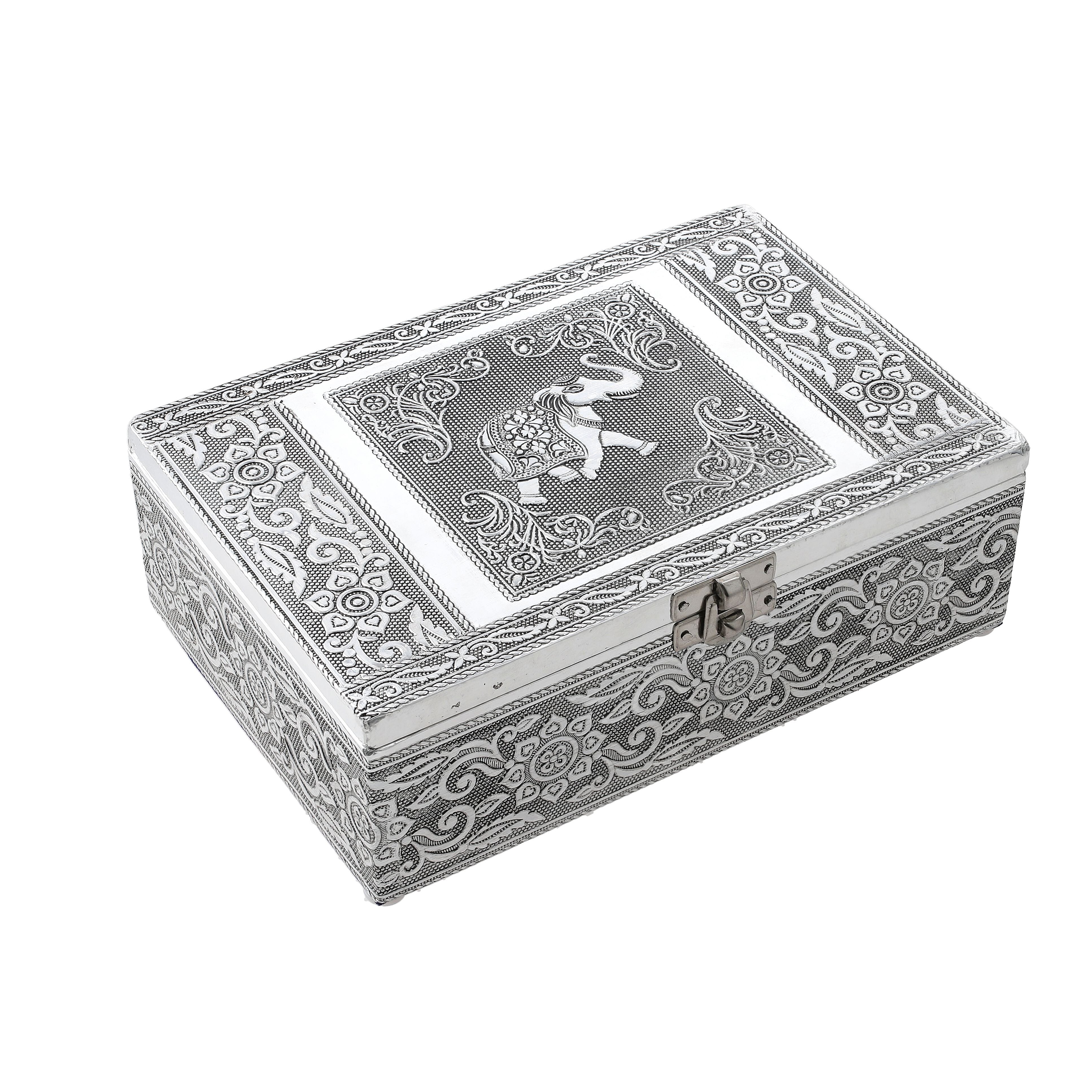 Set of 2 - Elephant Embossed Handcrafted Aluminium Jewellery Box (Size 20x13x7 cm & 16x10x5 Cm) - Silver & Red