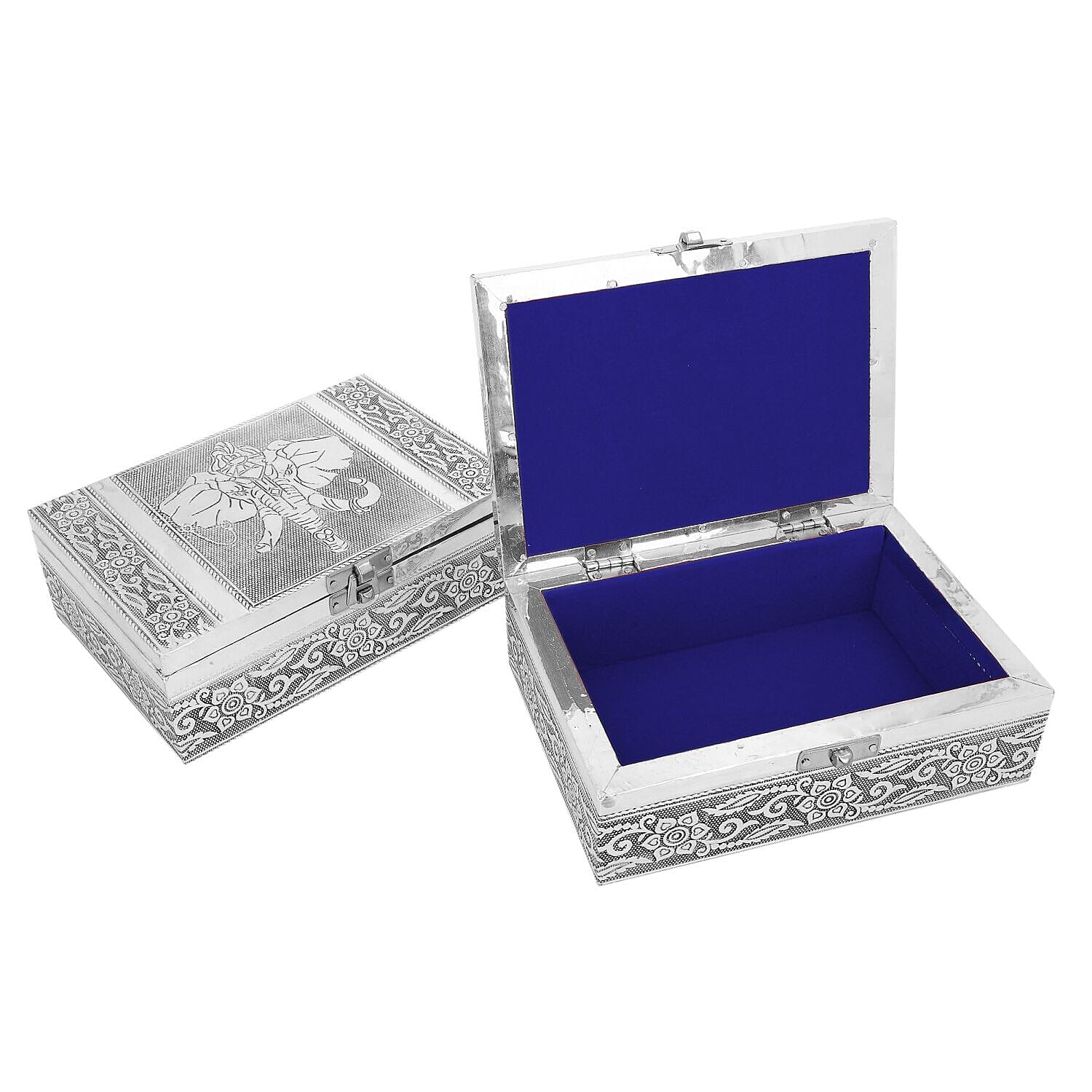 Set of 2 - Elephant Embossed Handcrafted Aluminium Jewellery Box (Size 20x13x7 cm & 16x10x5 Cm) - Silver & Red