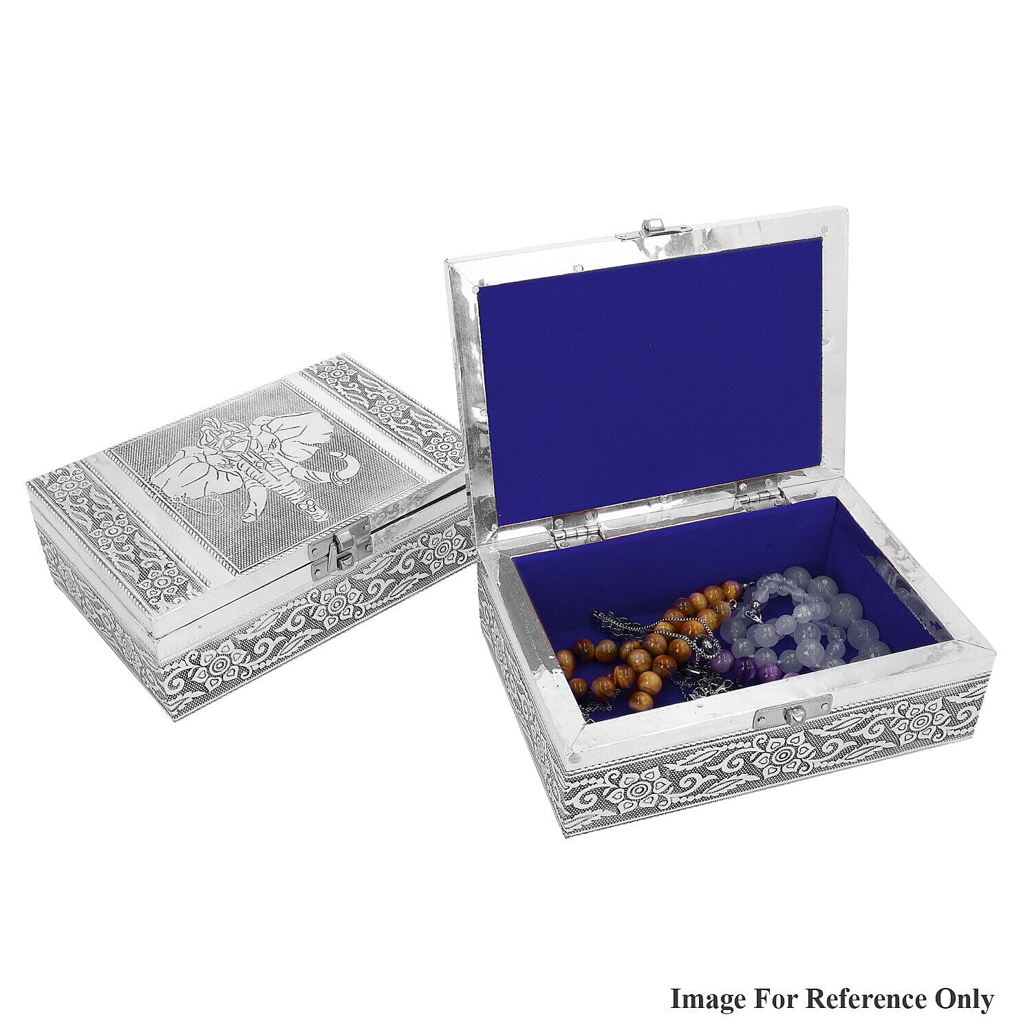 Set of 2 - Elephant Embossed Handcrafted Aluminium Jewellery Box (Size 20x13x7 cm & 16x10x5 Cm) - Silver & Red