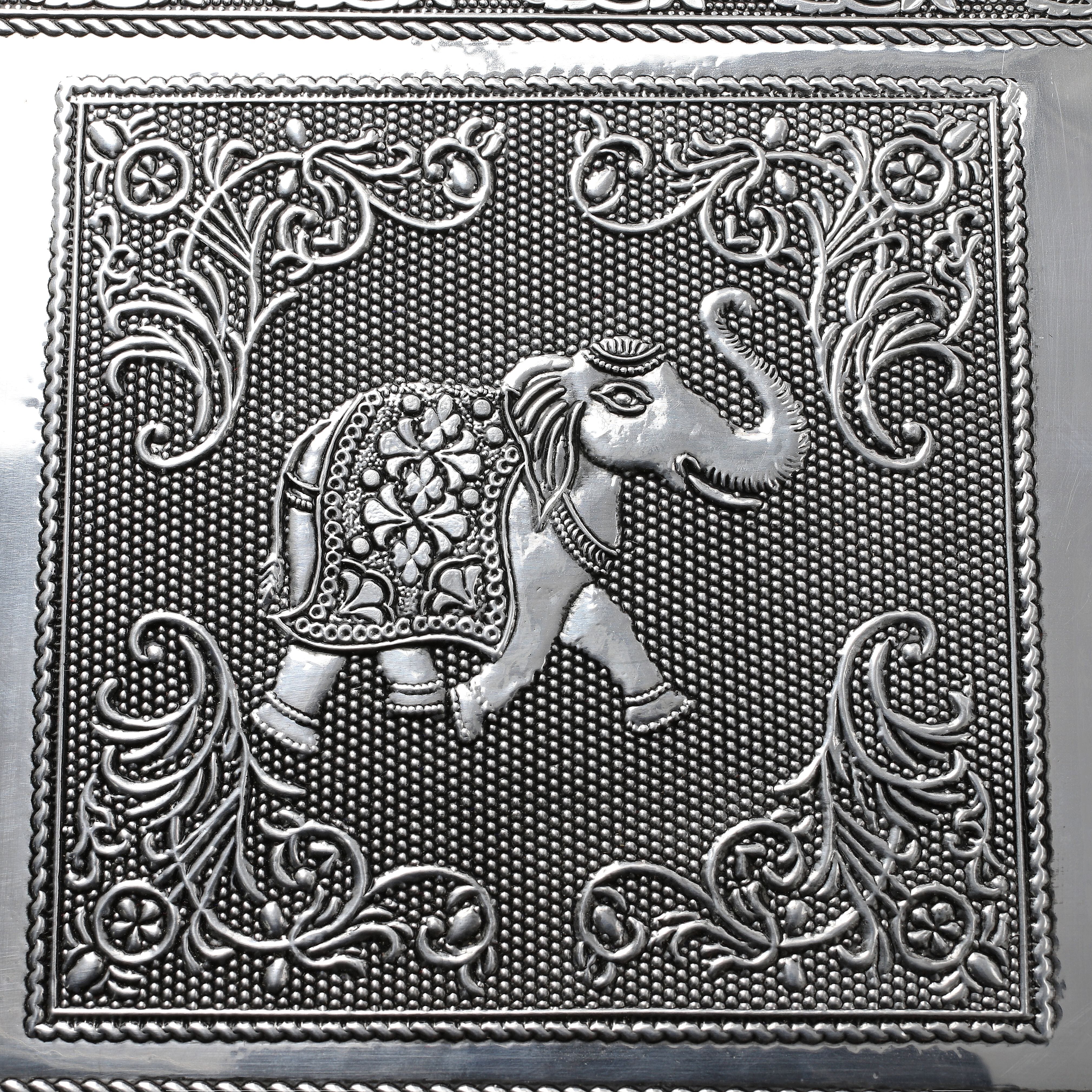 Set of 2 - Elephant Embossed Handcrafted Aluminium Jewellery Box (Size 20x13x7 cm & 16x10x5 Cm) - Silver & Red