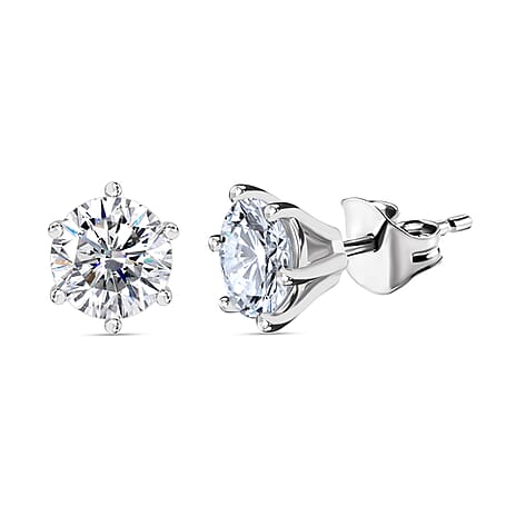 D'Joy Moissanite Stud Earring with Push Back in Platinum Overlay Sterling Silver 1.89 Ct.