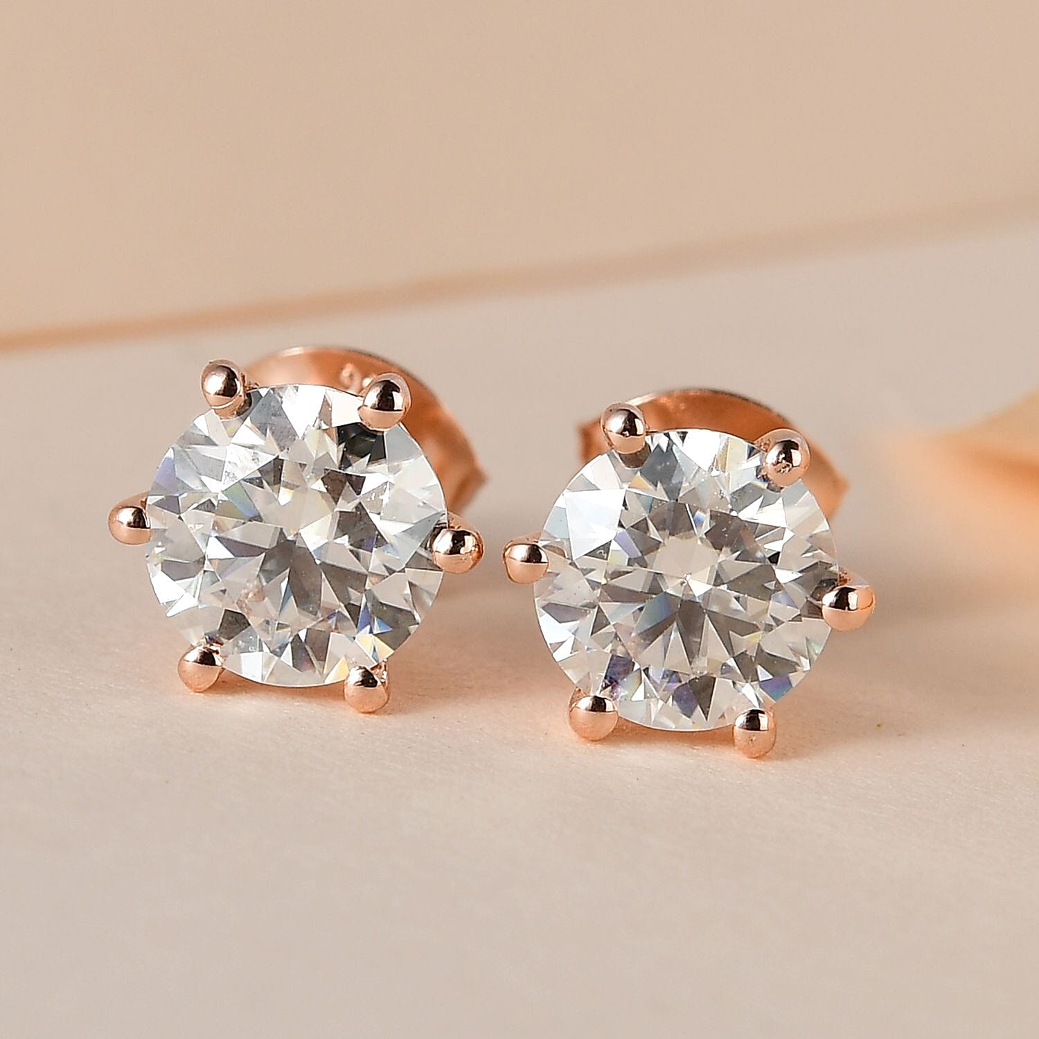 Moissanite Stud Earrings in 18K Vermeil Rose Gold Plated Sterling Silver 1.90 Ct.
