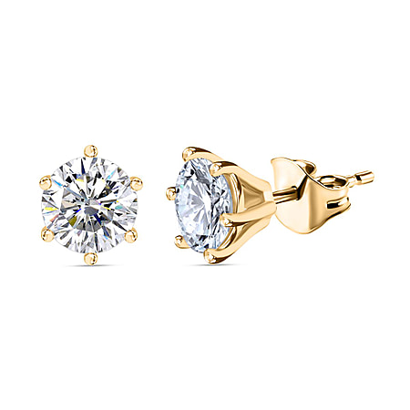 Moissanite Stud Earrings in 18K Vermeil Yellow Gold Plated Sterling Silver 1.90 Ct.