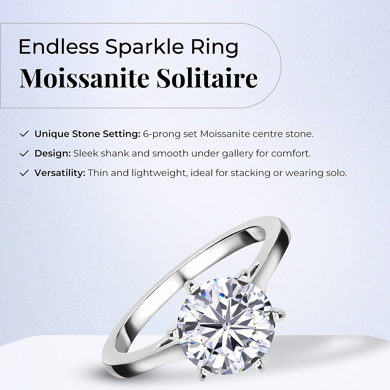 Moissanite Solitaire Ring in Sterling Silver 2.00 ct 1.767 Ct.