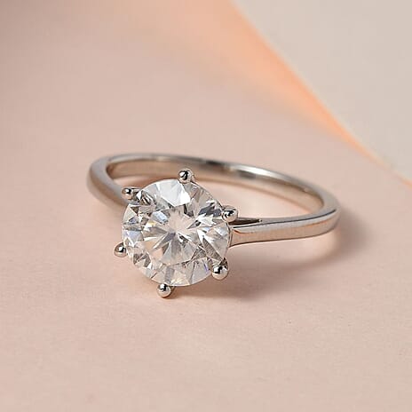 Moissanite  Solitaire Ring in Platinum Overlay Sterling Silver 2.00 ct  1.767  Ct.