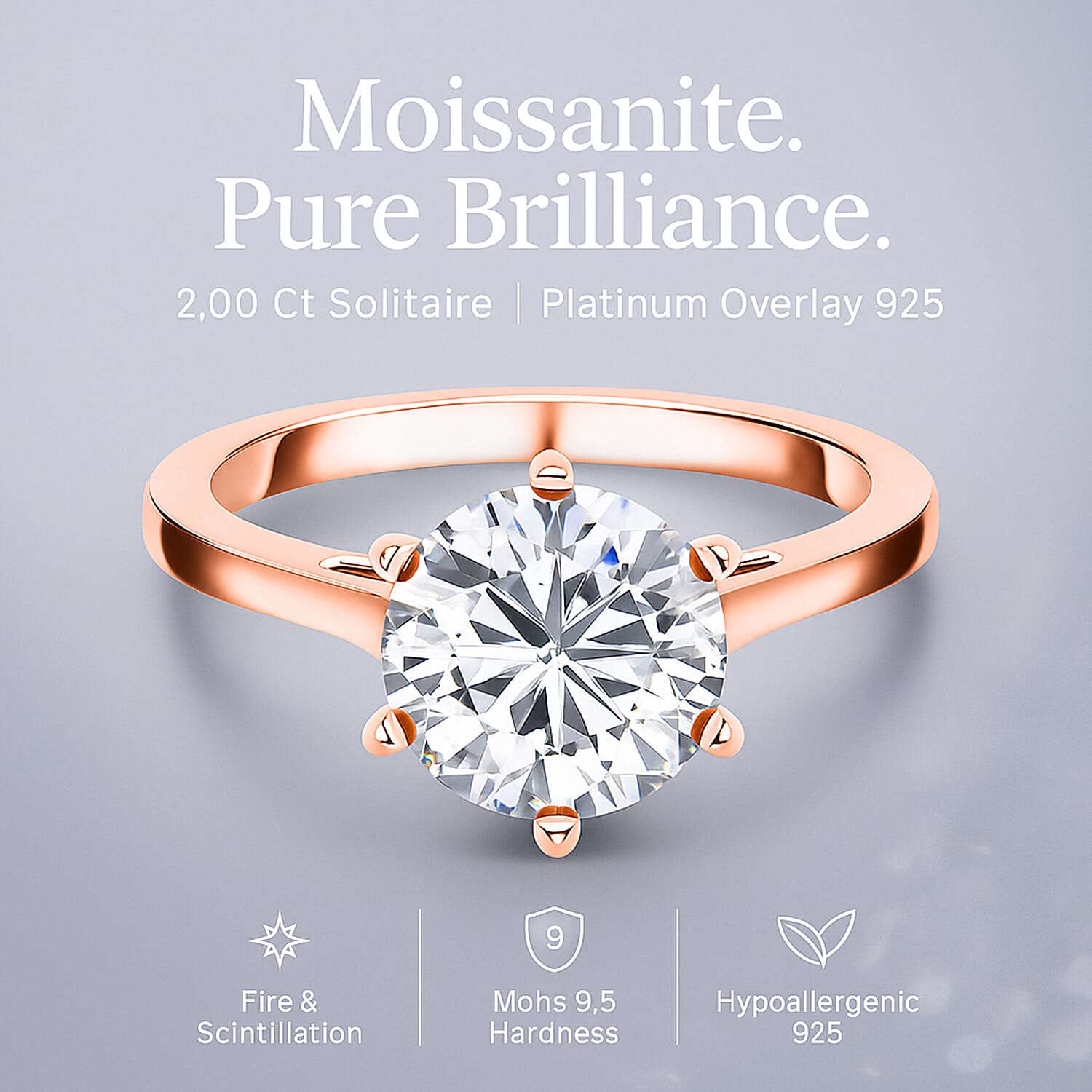 Moissanite Solitaire Ring in Sterling Silver 2.00 ct 1.767 Ct.