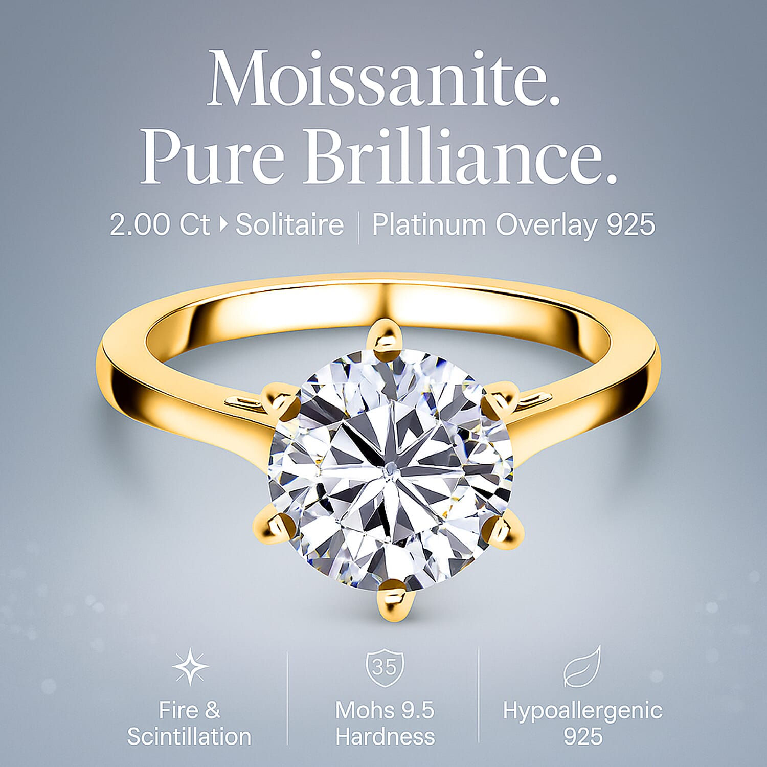 Moissanite Solitaire Ring in Sterling Silver 2.00 ct 1.767 Ct.
