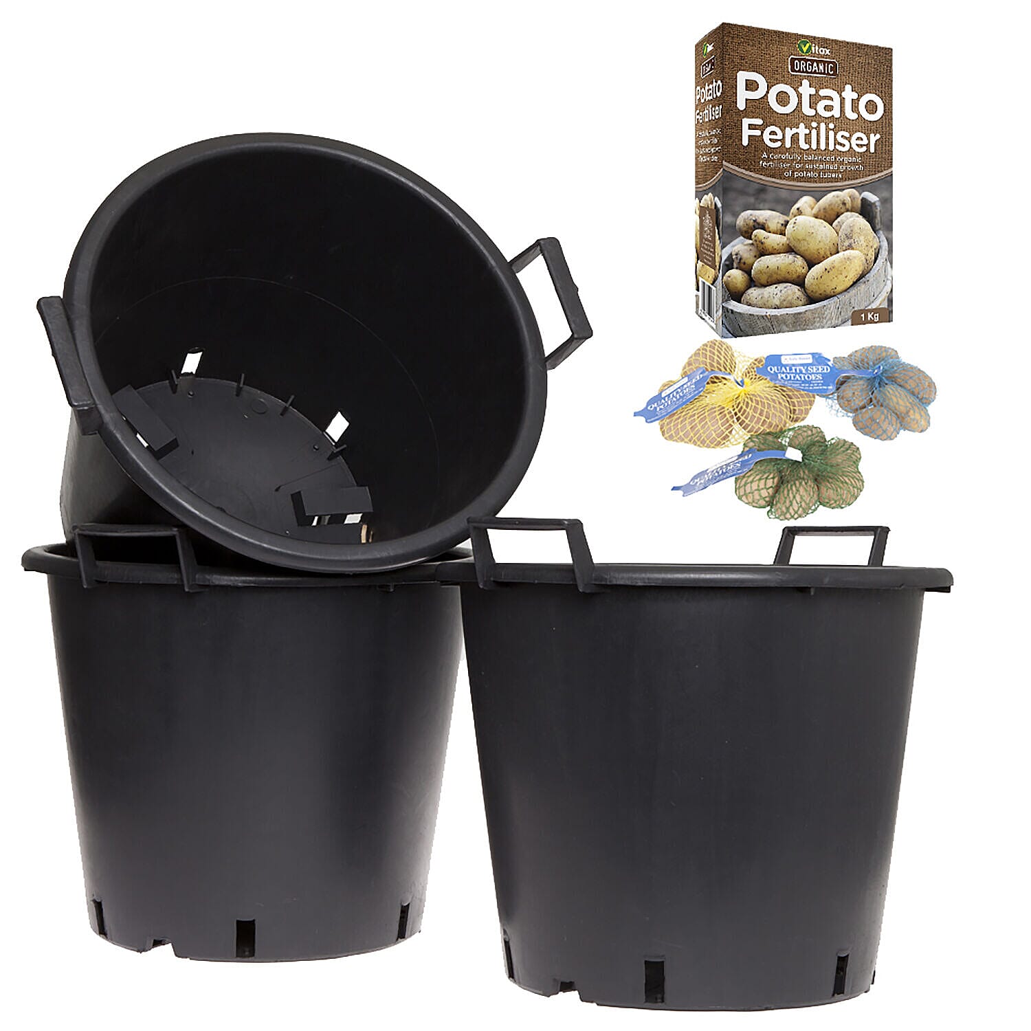 Complete Patio Potato Growing Kit Including Growing Pots, 3 Varieties of Seed Potatoes & 1kg Fertiliser