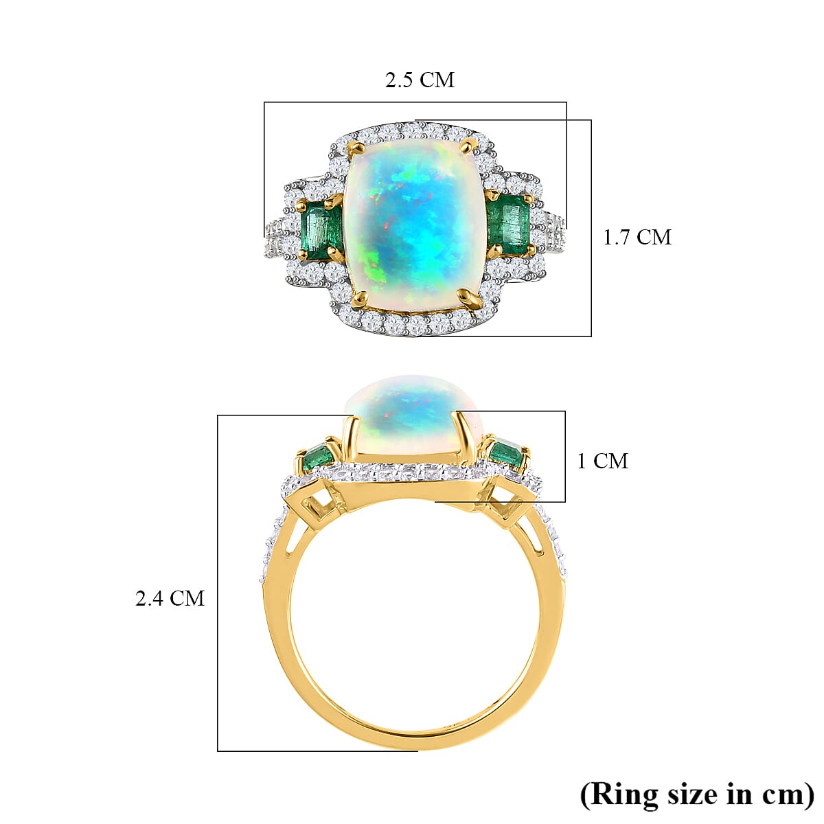 9K Yellow Gold AAA Ethiopian Welo Opal, Premium Emerald and Natural Zircon Ring 4.73 Ct.