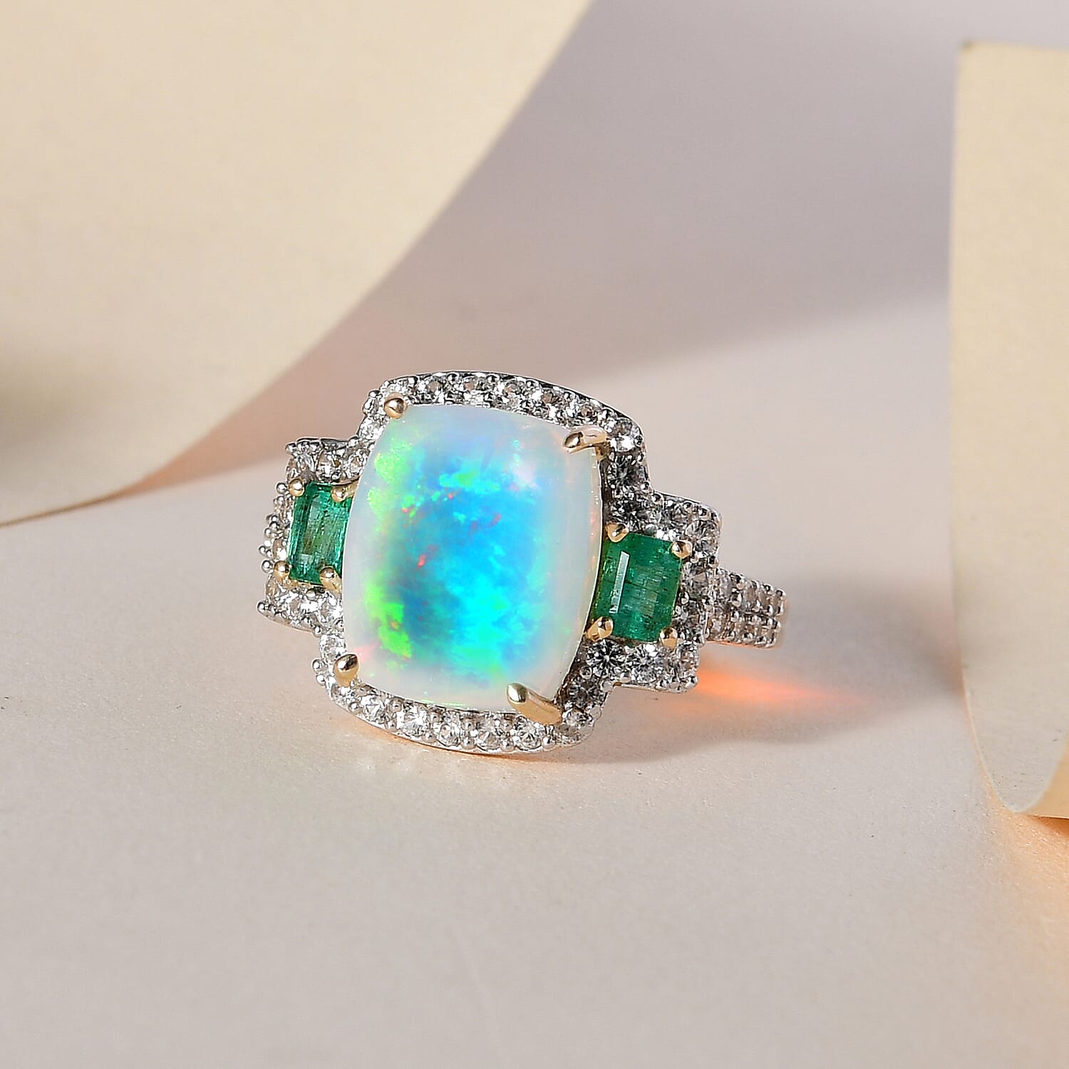 9K Yellow Gold AAA Ethiopian Welo Opal, Premium Emerald and Natural Zircon Ring 4.73 Ct.