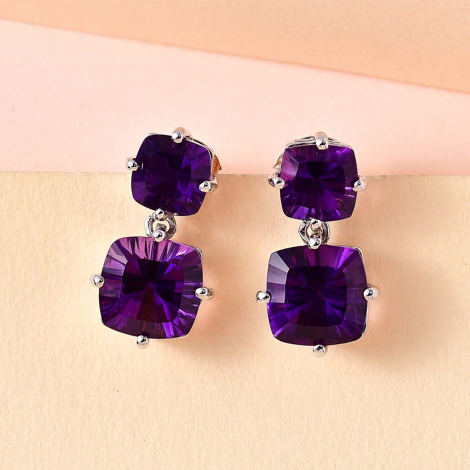 TJC Launch Concave Cut Amethyst Stud Earrings in Platinum Overlay Sterling Silver 6.31 Ct.