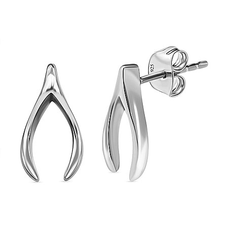 Wishbone Stud Earrings (with Push Back) in Sterling Silver with Platinum Plating