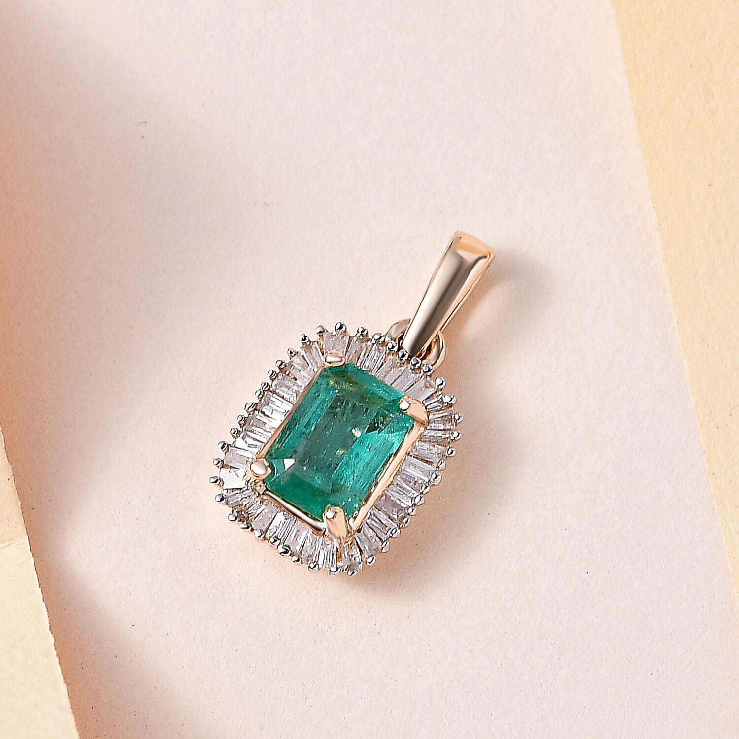 9K Yellow Gold AAA Zambian Emerald and Diamond Pendant 1.24 Ct.