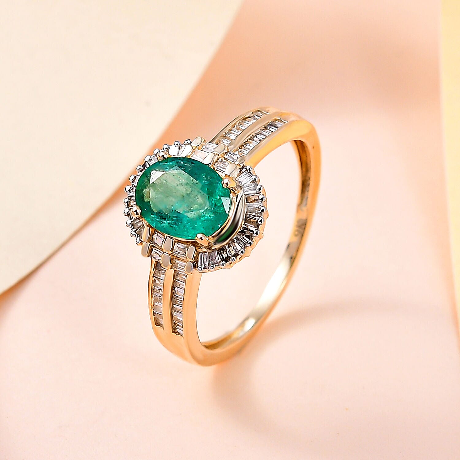 9K Yellow Gold AAA Zambian Emerald and Diamond Ring 1.53 Ct.