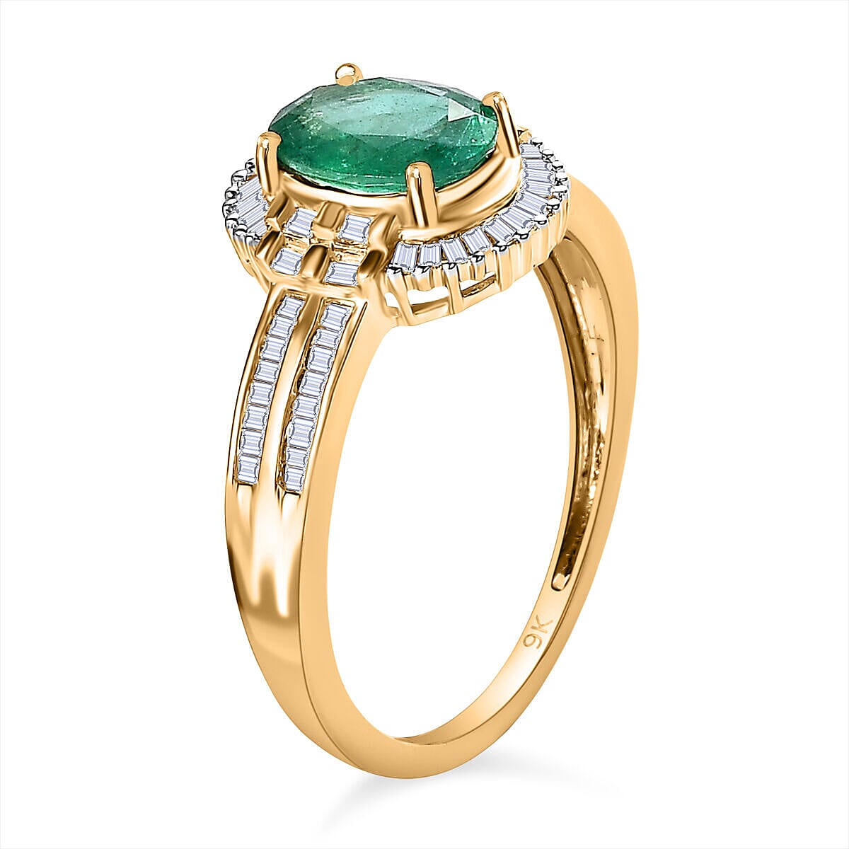 9K Yellow Gold AAA Zambian Emerald and Diamond Ring 1.53 Ct.