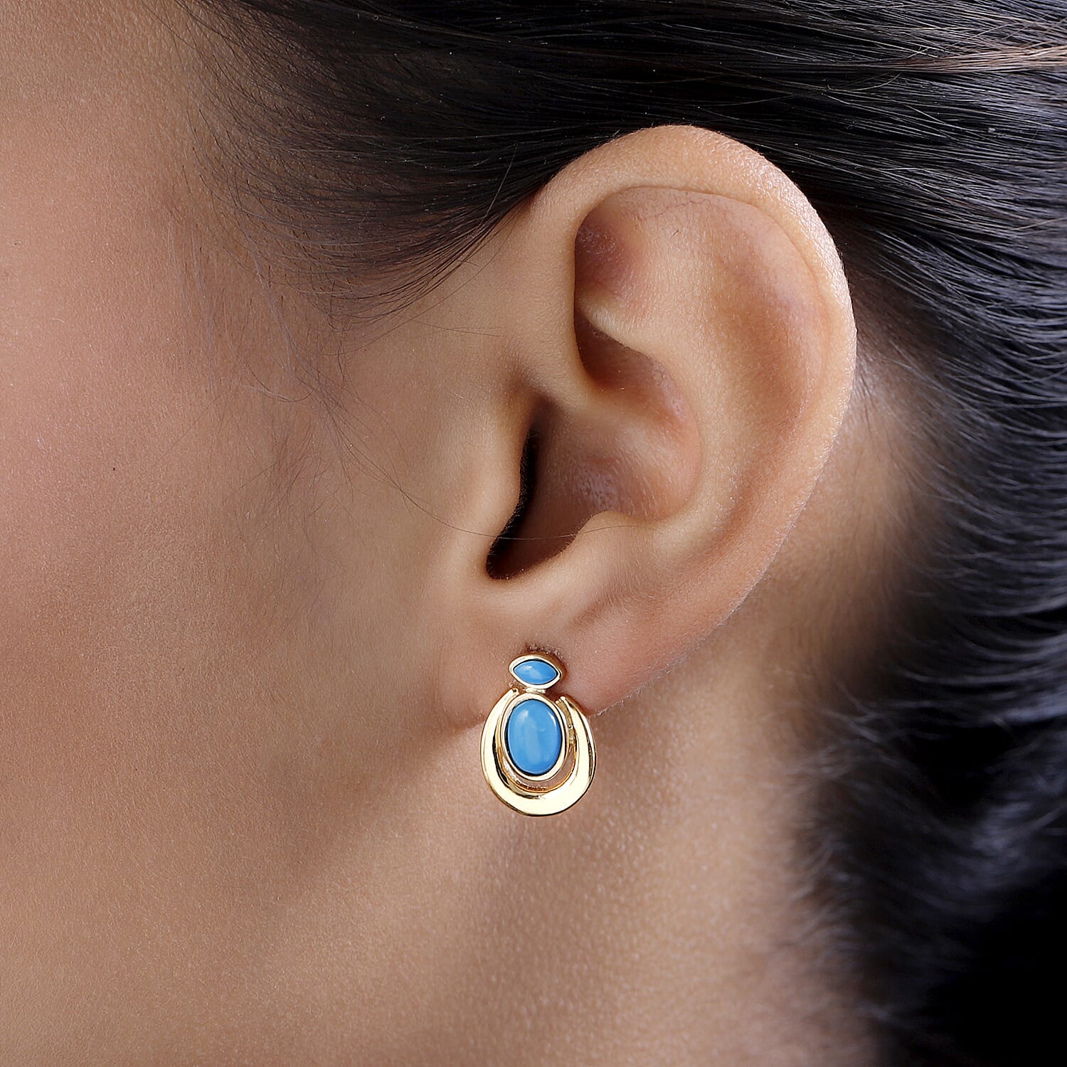 Arizona Sleeping Beauty Turquoise Stud Earrings in 18K Yellow Gold Vermeil Plated Sterling Silver 1.74 Ct.