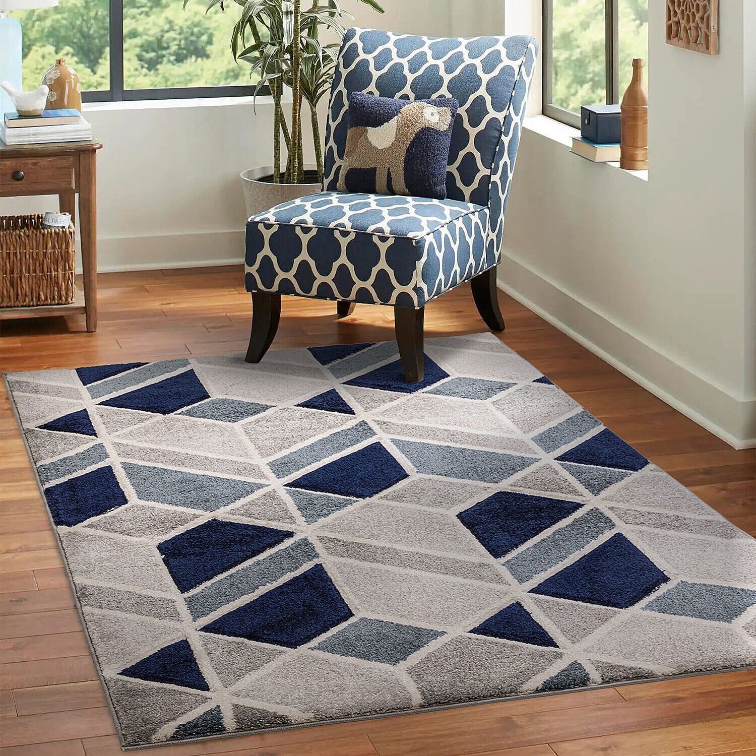 Maze Rug and Door Mat (Size 210x150 cm) - Blue & Cream