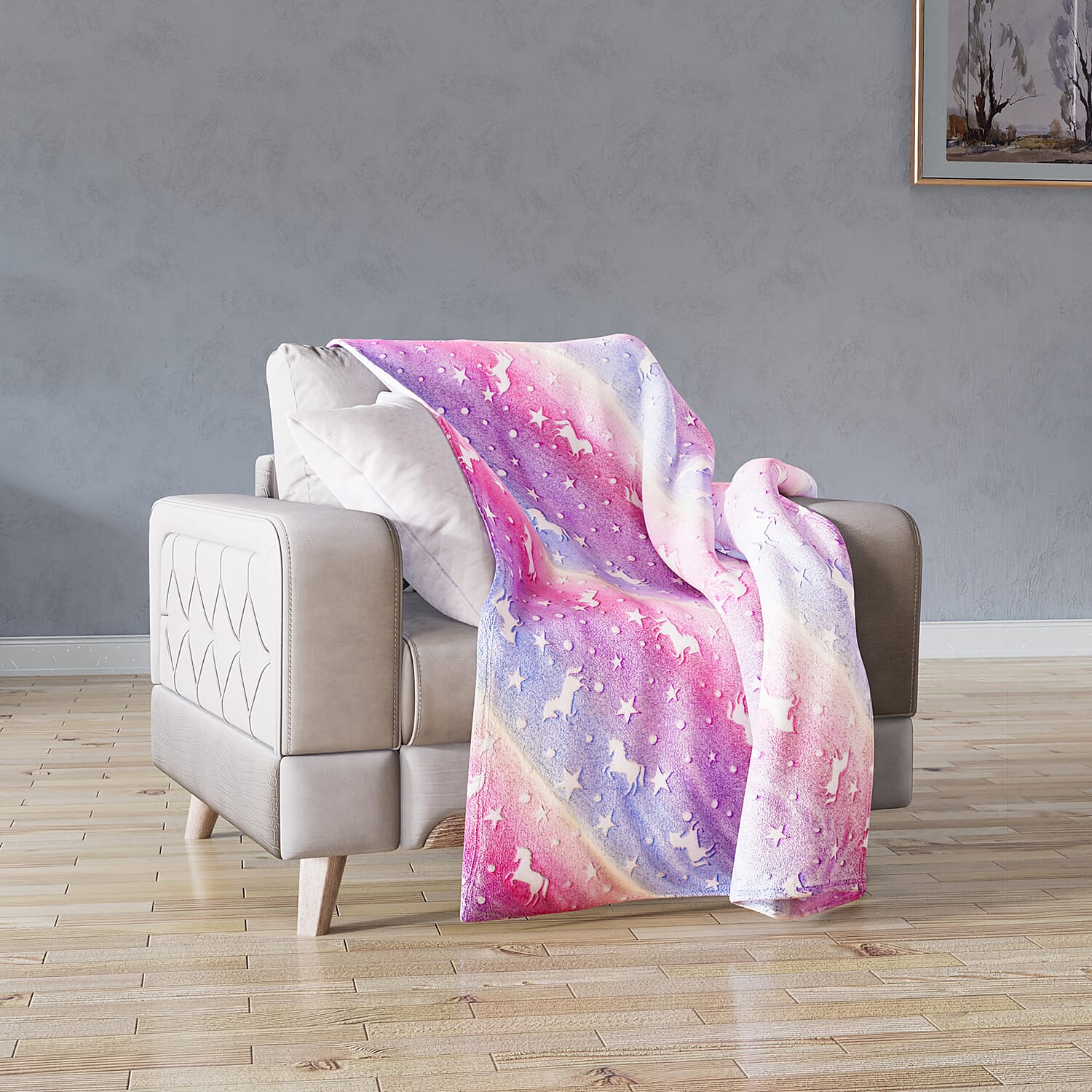 3D Luminous Glow In Dark Unicorn Print 230GSM Flannel fluffy Throw Blanket (Size 130x1 cm) - Multi Color & Blue