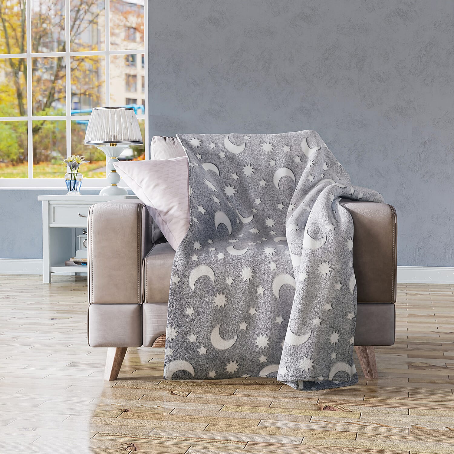 3D Luminous Dark Glow Shining Printed Throw Blanket (Single Size, 150x130 cm) - Light Grey - Star - Moon