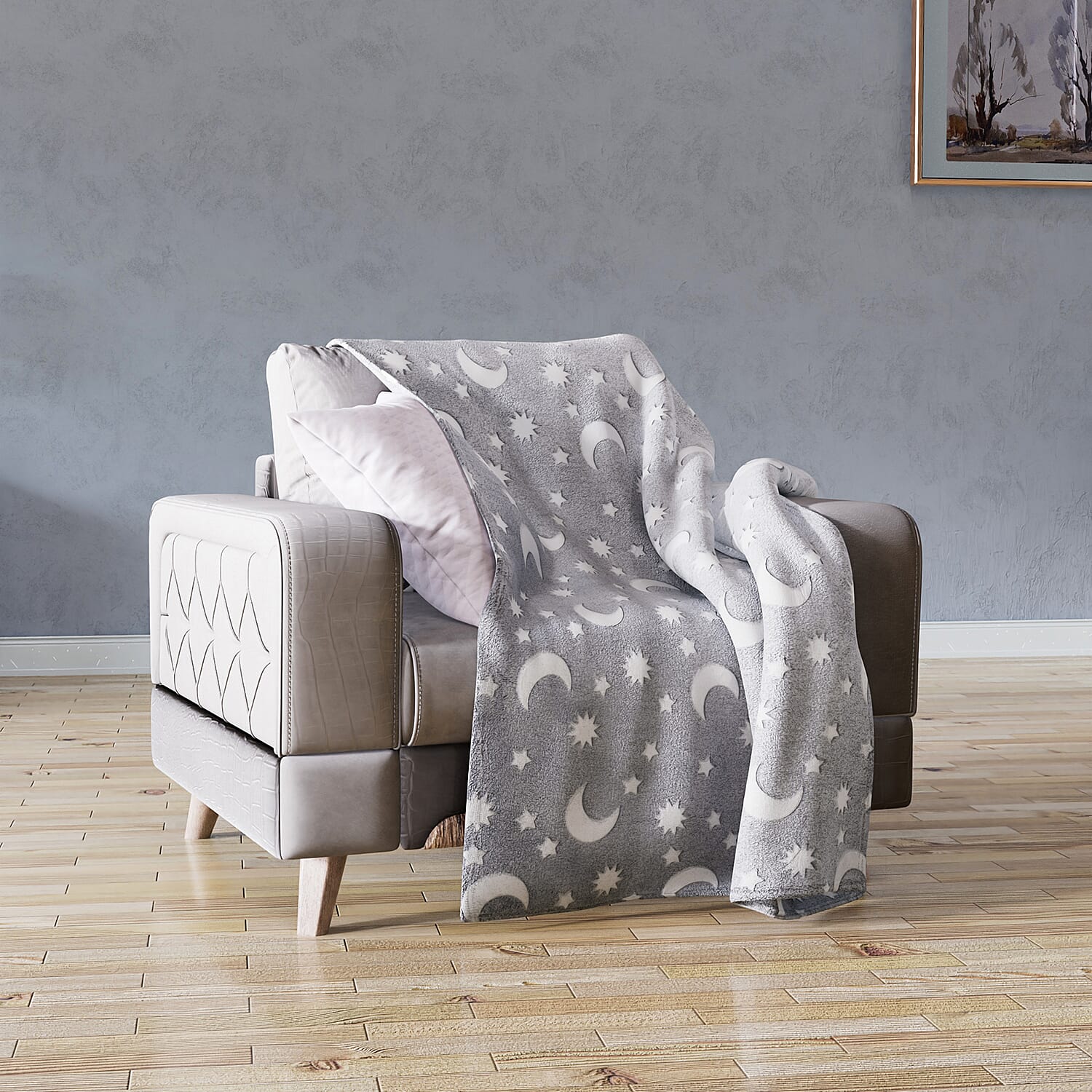 3D Luminous Dark Glow Shining Printed Throw Blanket (Single Size, 150x130 cm) - Light Grey - Star - Moon