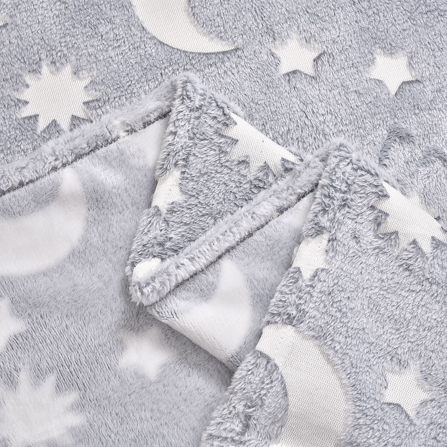 3D Luminous Dark Glow Shining Printed Throw Blanket (Single Size, 150x130 cm) - Light Grey - Star - Moon