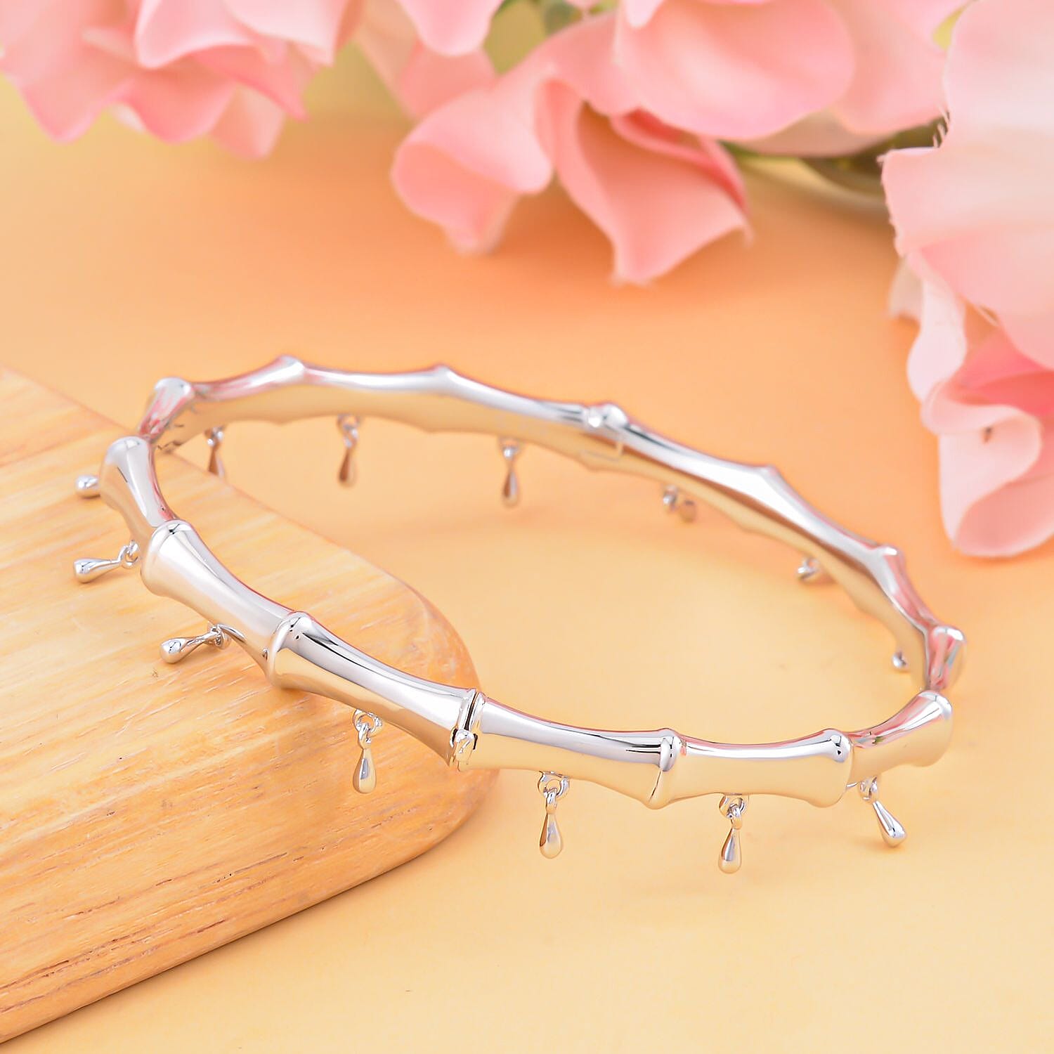 Lucy Q Bamboo Collection - Rhodium Overlay Sterling Silver Bangle (Size 7.5), Silver Wt. 28 Gms