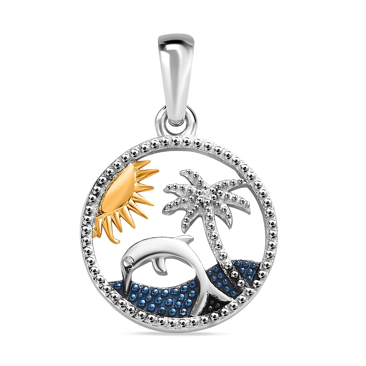 Diamond Frame Beach Day Pendant in Platinum, Blue & 18K Yellow Gold Vermeil Plated Sterling Silver