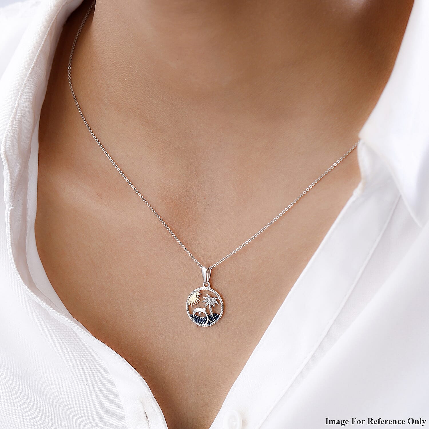 Diamond Frame Beach Day Pendant in Platinum, Blue & 18K Yellow Gold Vermeil Plated Sterling Silver