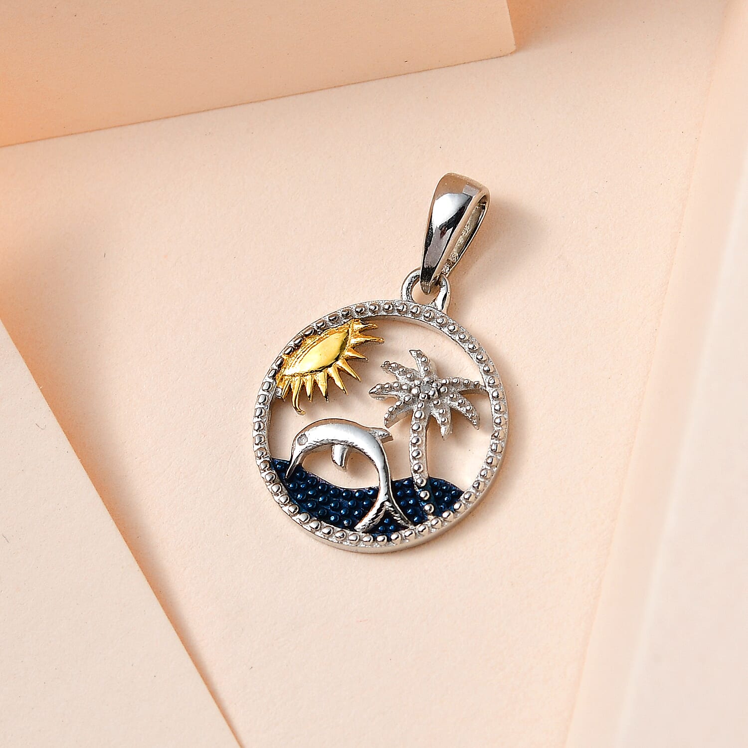 Diamond Frame Beach Day Pendant in Platinum, Blue & 18K Yellow Gold Vermeil Plated Sterling Silver
